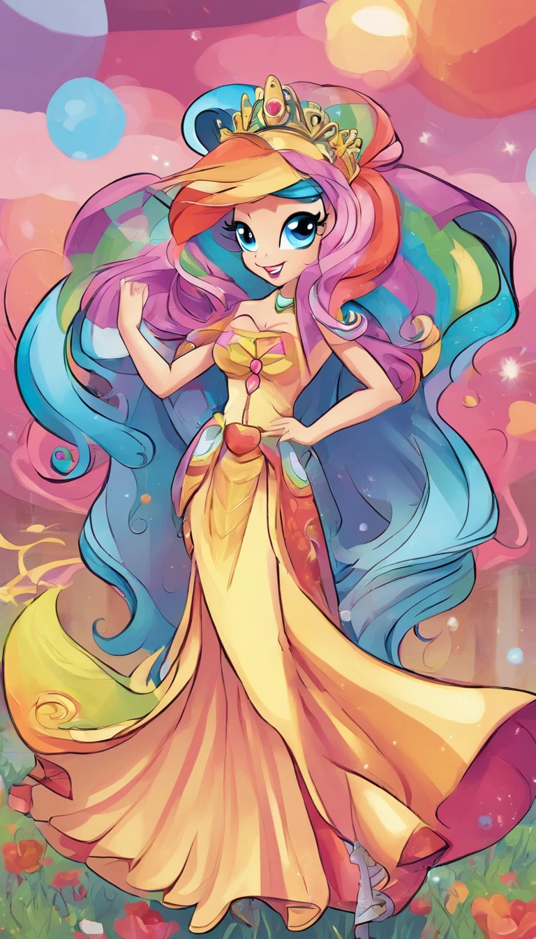 Image of a my little pony rainbow dash princess ，Wear rainbow dress，lovely, cartoon style
