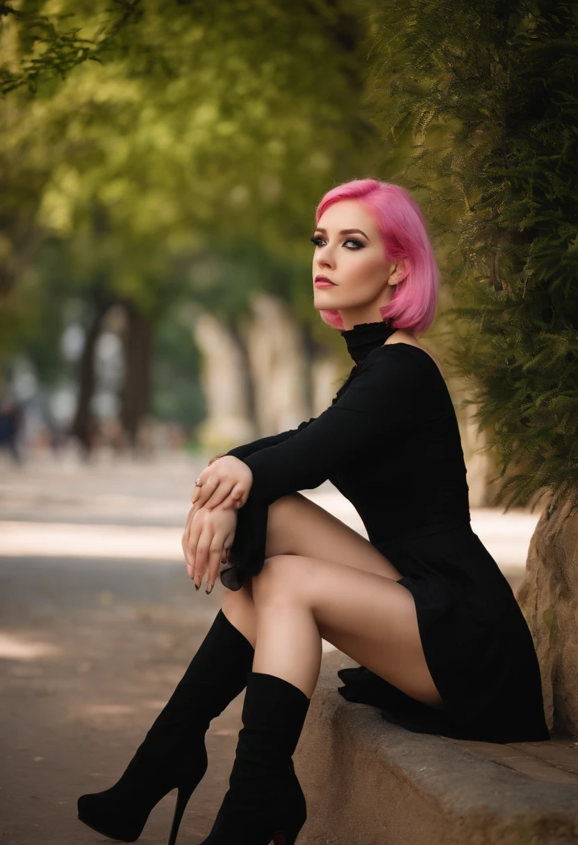 young pink hair girl in black dress sitting pretty in a park wearing high heel boots