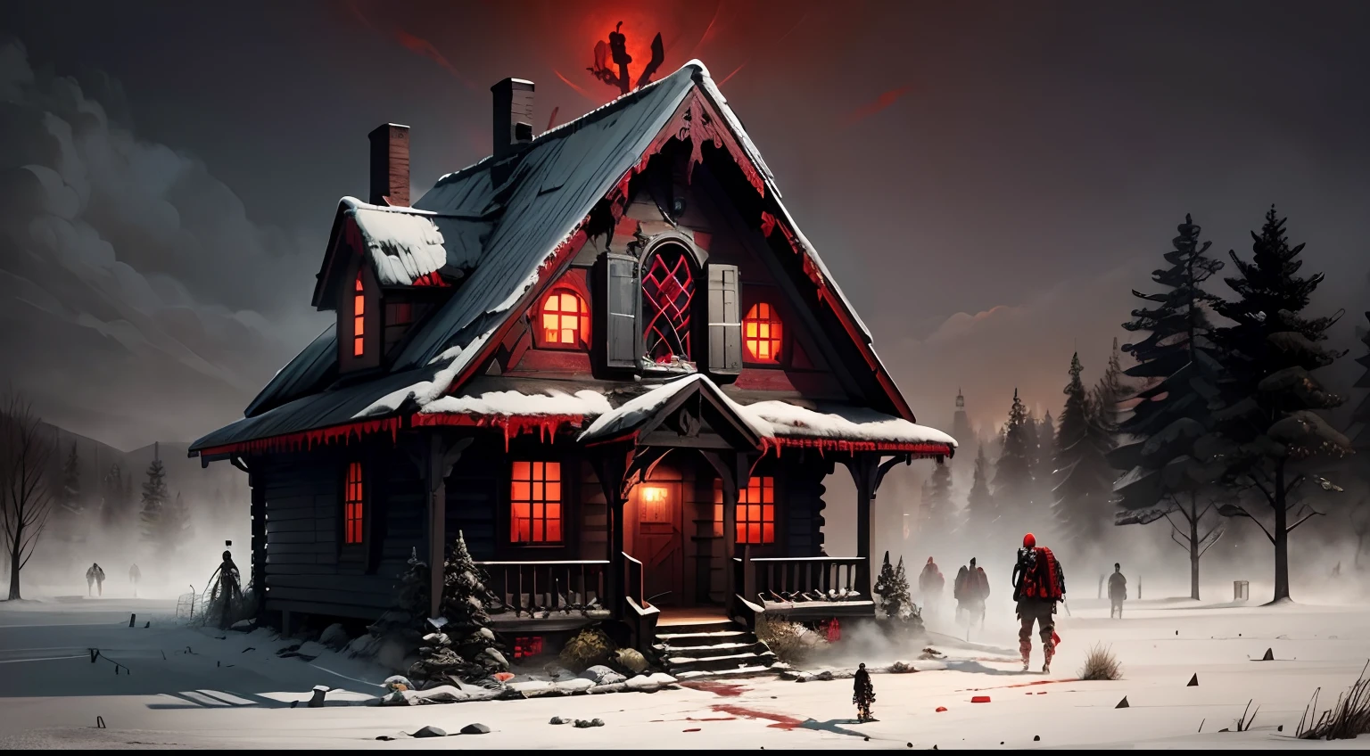 detailed, masterpiece, (zombies attaking the wooden house, zombie apocalypse ), undead, horde, night, (((red and dark colours))), bloody, creepy