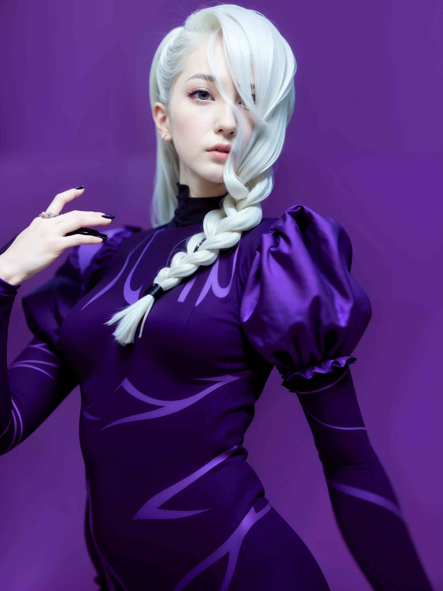 A girl with white hair and a purple dress, inspired by Li Chevalier, white haired lady, High quality image, masterpiece, detailed hair texture, detailed skin texture, detailed cloth texture, 8k, add fabric details, ultra detailed skin texture, ultra detailed photo, skin pores, cloth details, high skin details, realistic hair details