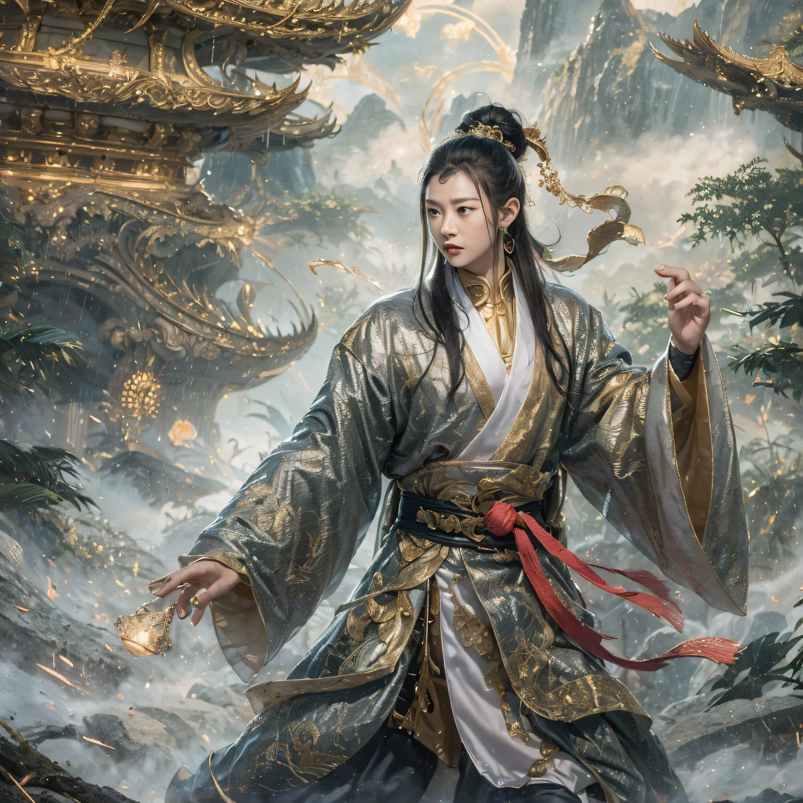 Fly into the fairy world, Chance encounter with Liu Hanshu, He saw in him his former self, It was decided to take him as an apprentice, Teach him how to protect himself, But because of the Tibetan star map, He established relationships with the Liu family and the Jade Sword Sect, It opens with the death of Liu Hanshu, Qin Yu embarked on the road of confrontation with a strong enemy, Working hard, Make yourself stronger, Stick to your own core path of justice, I also want to protect the people I care about, The three brothers took off, And embarked on a long journey to find a good brother, Qin Yu, Where are Xiao Hei and Hou Fei（dense fog）Climb the streets（Doomsday Stream）eyes filled with angry，He clenched his fists，Rush up，Deliver a fatal blow to your opponent，full bodyesbian，Full Body Male Mage 32K（Masterpiece Canyon Ultra HD）Long flowing black hair，Campsite size，zydink， The wounded lined up in the streets（canyons）Climb the streets， The scene of the explosion（canyons）， （Linen batik scarf）， Angry fighting stance， looking at the ground， Batik linen bandana， Chinese python pattern long-sleeved garment， canyons（Abstract propylene splash：1.2）， Dark clouds lightning background，Sprinkle with gold dust（realisticlying：1.4），Black color hair，Flour fluttering，rainbow background， A high resolution， the detail， RAW photogr， Sharp Re， Nikon D850 Film Stock Photo by Jefferies Lee 4 Kodak Portra 400 Camera F1.6 shots, Rich colors, ultra-realistic vivid textures, Dramatic lighting, Unreal Engine Art Station Trend, cinestir 800，Flowing black hair,（（（Jungle Canyon）））The wounded lined up in the streets（vale）Climb the streets，Movie master real-time image quality