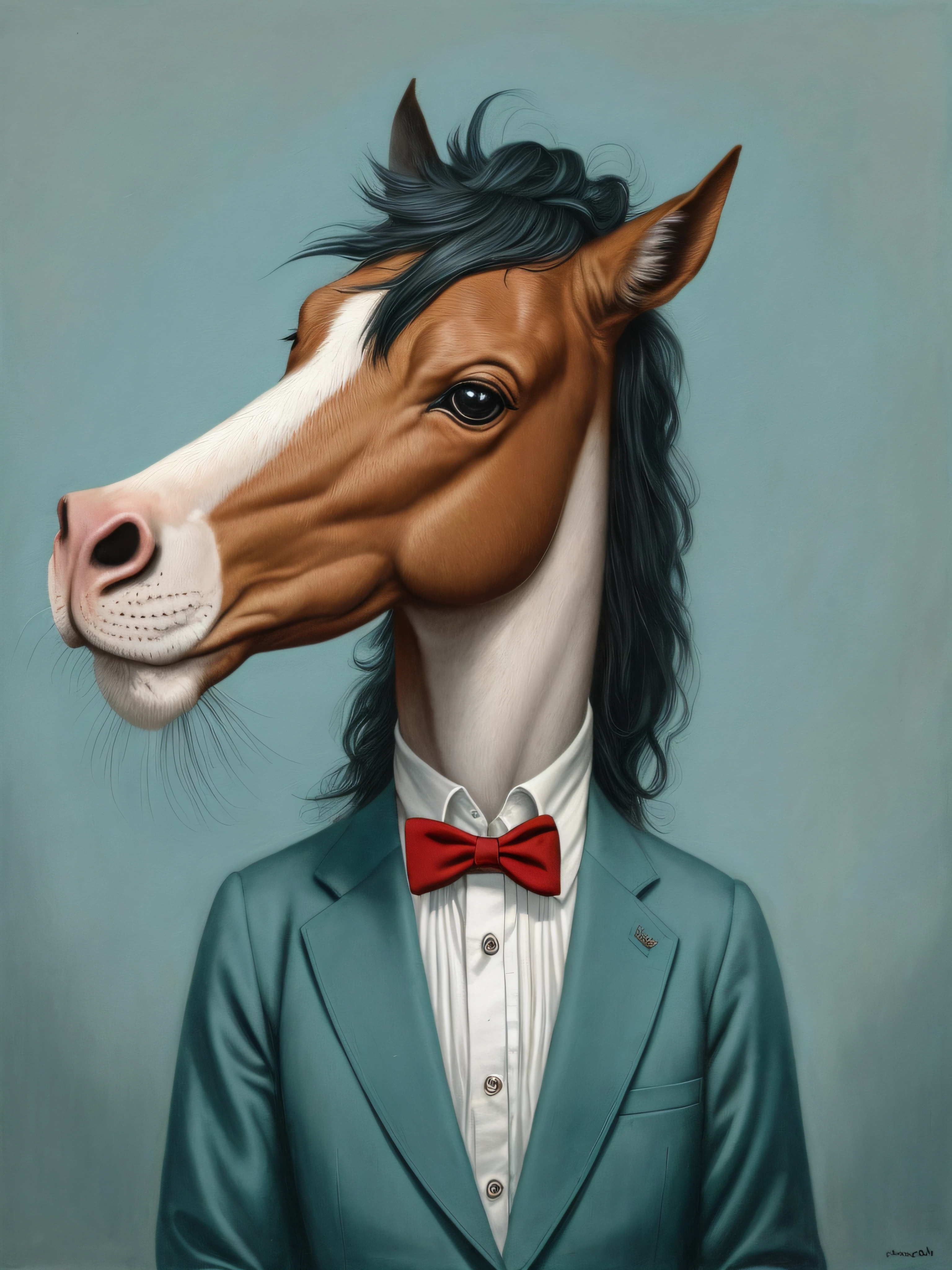 Pintura de un caballo con esmoquin y pajarita, horse head animal merge, anthropomorphic horse,, Estilo Mark Ryden, Mark Ryden muy detallado, Mark Ryden en el estilo de, Estilo de Mark Ryden, Cute Anthropomorphic Horse, por Mark Ryden, Surrealismo pop lowbrow