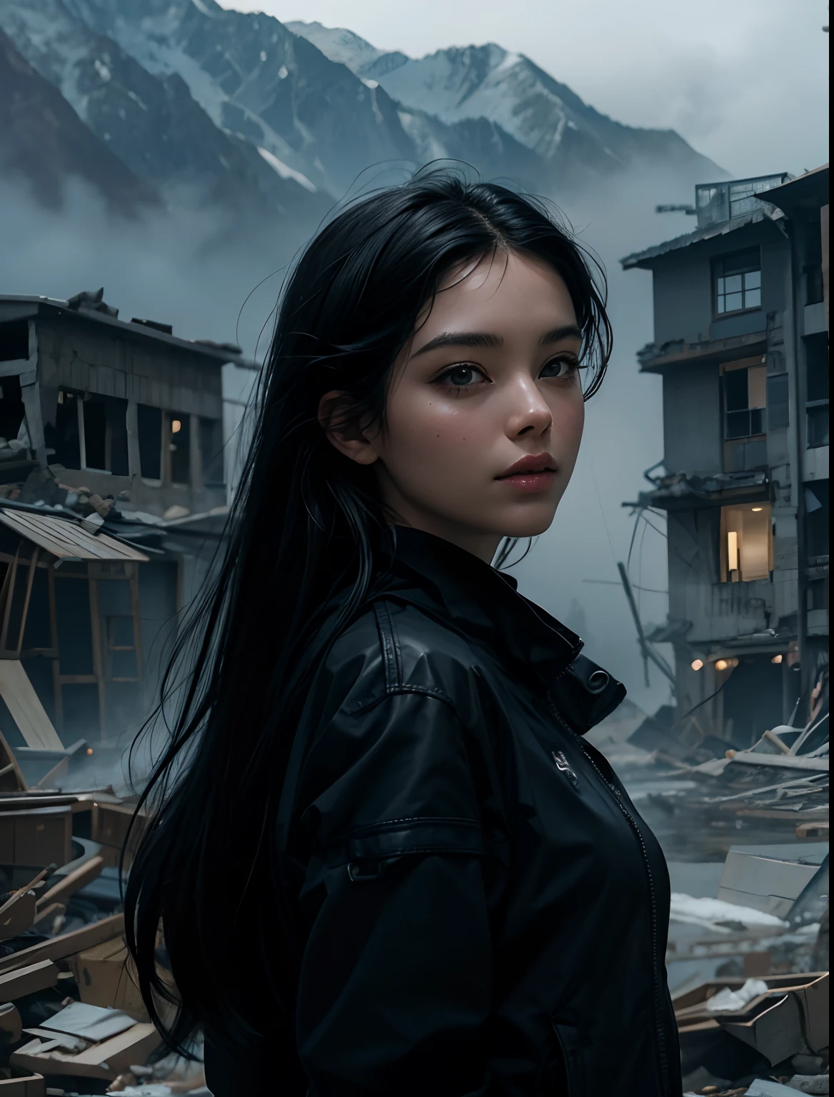 An image of a woman's face taken from the front with a camera.A woman facing the front.A beautiful woman in her mid-twenties. He has black hair that reaches about the length of his back. She is wearing a black recruiting suit. She is standing in front of a half-destroyed building in the mountains. Fog is gathering around us. 8K image quality.