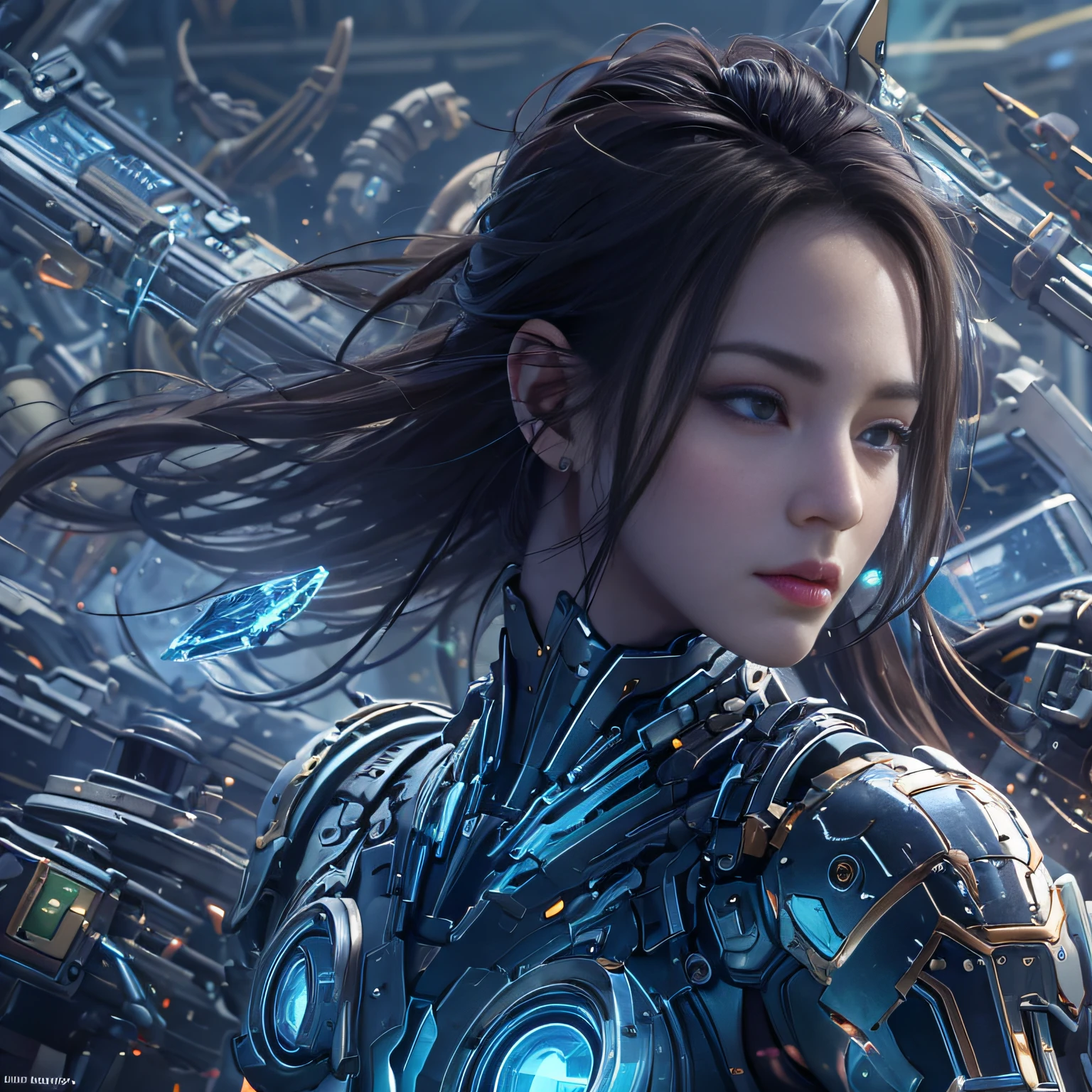 (((Masterpiece))), (((Best quality))), ((Ultra-detailed)), (Highly detailed CG illustration), ((An extremely delicate and beautiful)),Cinematic light,((1 mechanical girl)),Solo,(machine made joints:1.2),((Mechanical limb)), ((mechanical cervial attaching to neck)),(wires and cables attaching to neck:1.2),(wires and cables on head:1.2)(Character focus),Science fiction, extreme detailed details,highest details, Realistic, dunhuang, flowy, Colorful, (Long mechanical legs), full bodyesbian, Pink mech