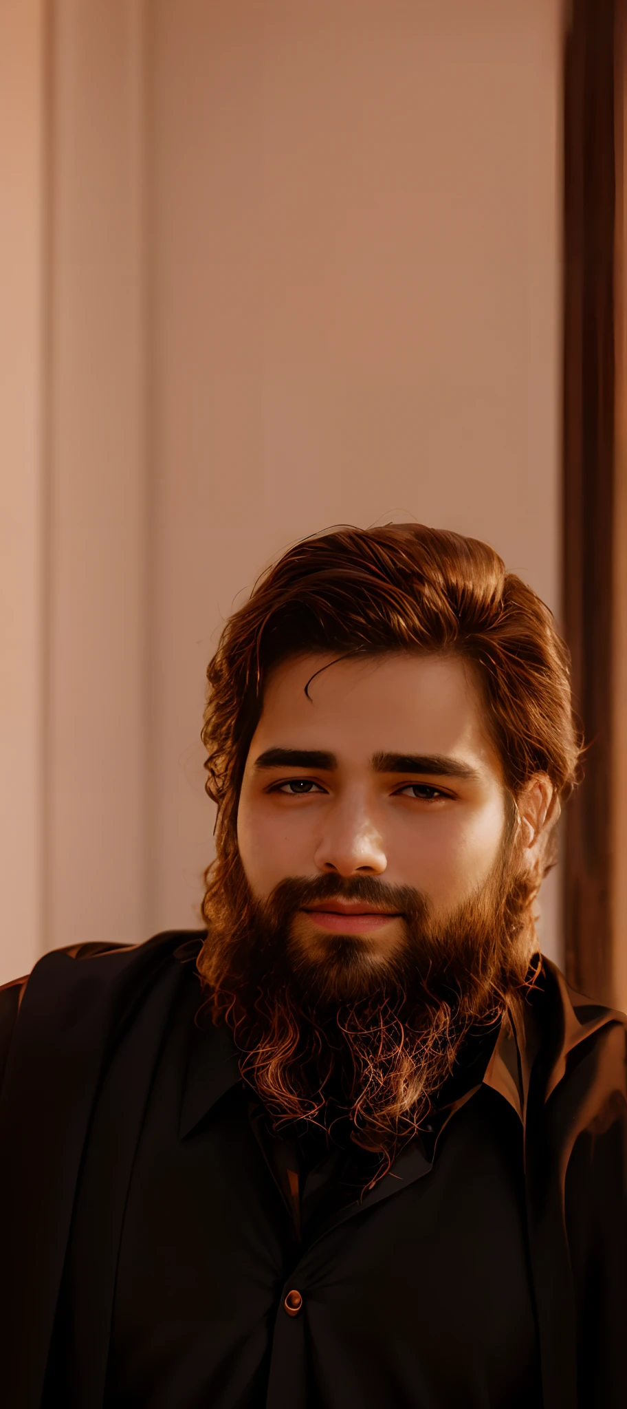 A young-looking man, good-looking, his face is like a shining star, his face is shining, the forehead is clear, the hair has receded from his forehead and thinned on both sides, the forehead is clear, the nose is long, the fineness of the ears, the color is an Arab color, and the body is an Israeli body, its color is white tinged with red, the face is full of beauty, Full body, good hair, curly hair, his hair flowing down to his shoulders, with open teeth, the light of his face is above the blackness of his beard and head, on his right cheek is a black mole, Beautiful black cloak.