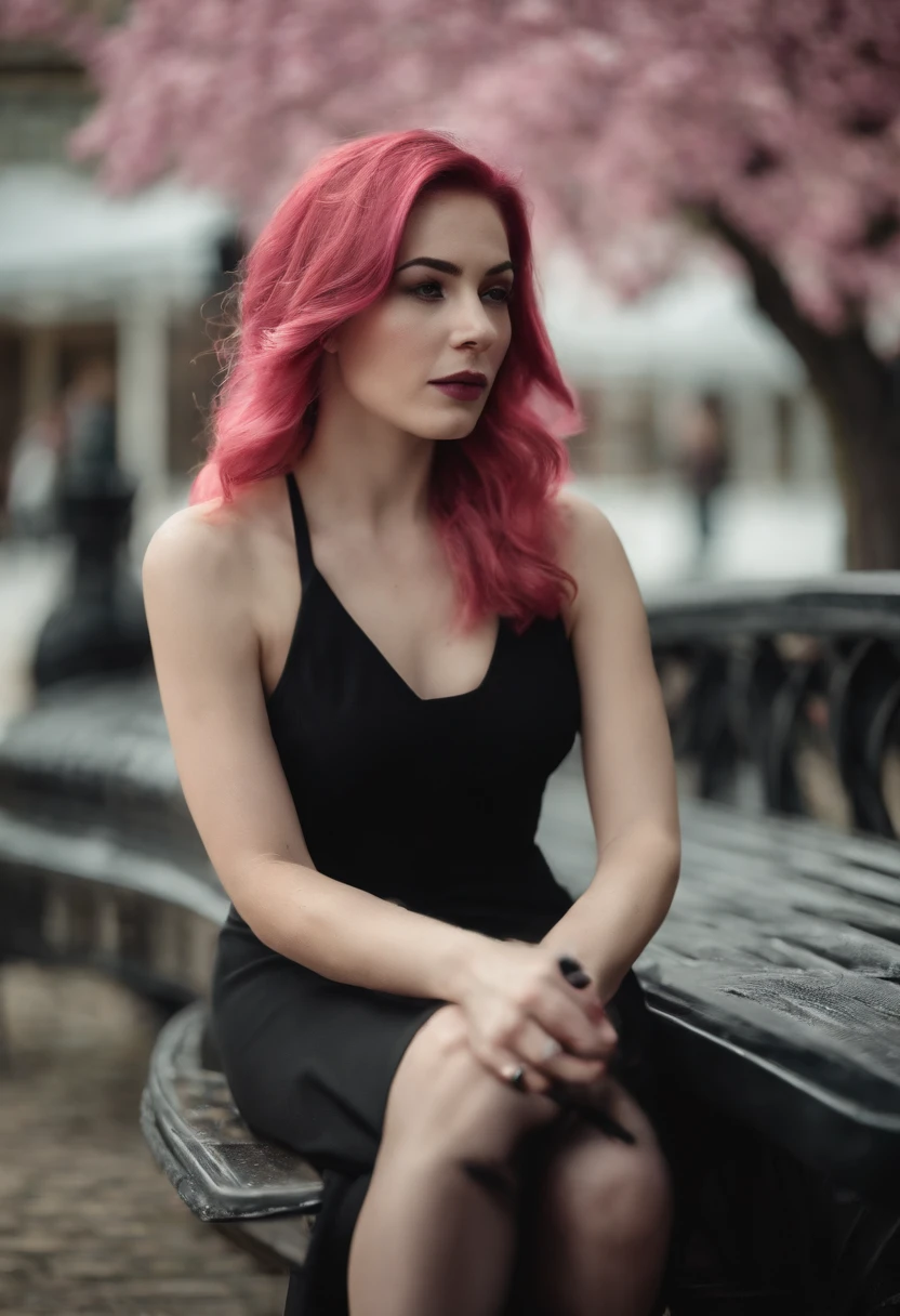 young pink hair girl in black dress sitting pretty in a park wearing high heel boots