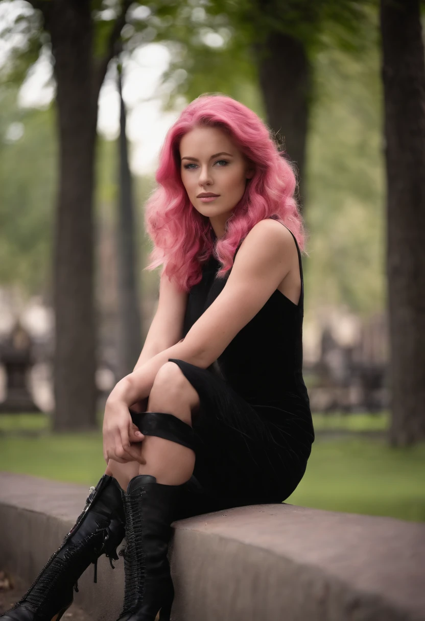 young pink hair girl in black dress sitting pretty in a park wearing high heel boots