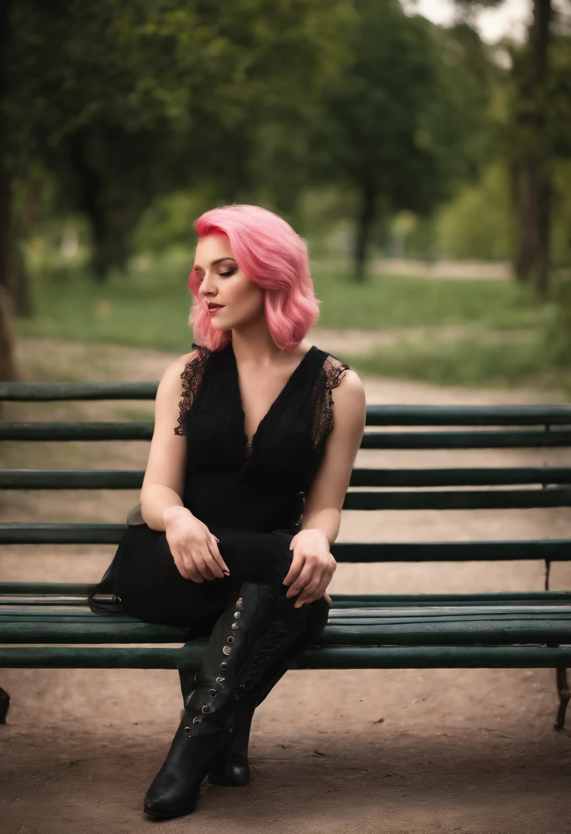 young pink hair girl in black dress sitting pretty in a park wearing high heel boots