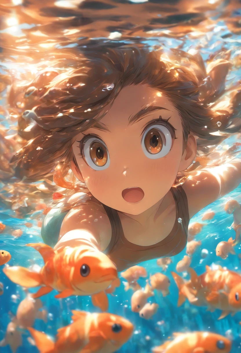 foreshortening, Depth of field, Masterpiece, Best quality, 1girll, Brown hair, Brown eyes, Long hair, Underwater, airbubble, Solo, view the viewer, School swim wear, Swimming, Dappled sunlight,flower sea