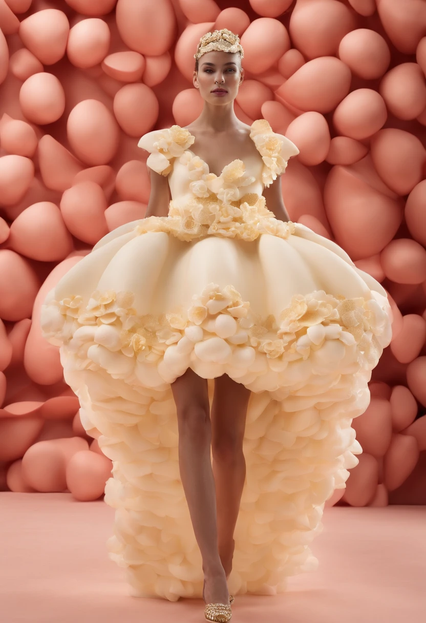 a cheesecake-inspired outfit. The design showcases a dress made of layers of cheesecake patterned fabric, creating a delectable and whimsical appearance. The dress is embellished with edible decorations, adding a touch of playfulness and indulgence. The attention to detail and craftsmanship bring this deliciously fashionable concept to life, evoking a sense of delight and culinary artistry. Renowned fashion designer Alexander McQueen skillfully captures the decadence and creativity of this cheesecake-inspired outfit in this visually stunning artwork, tmasterpiece, Best quality,UHD