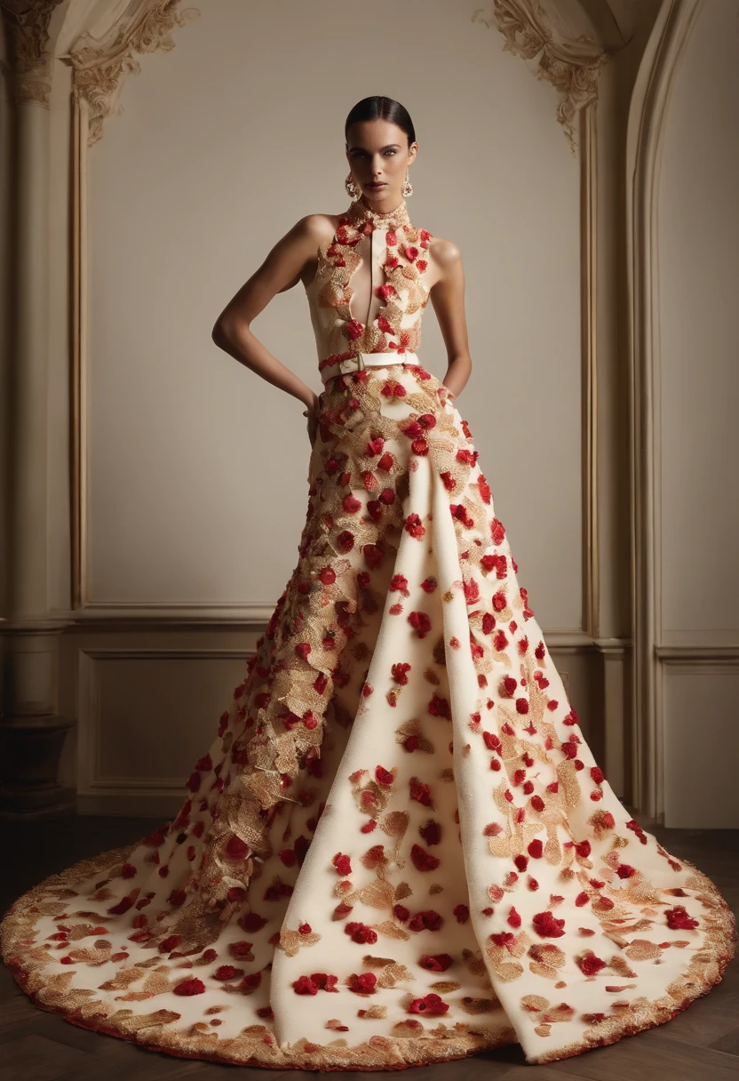 a cheesecake-inspired outfit. The design showcases a dress made of layers of cheesecake patterned fabric, creating a delectable and whimsical appearance. The dress is embellished with edible decorations, adding a touch of playfulness and indulgence. The attention to detail and craftsmanship bring this deliciously fashionable concept to life, evoking a sense of delight and culinary artistry. Renowned fashion designer Alexander McQueen skillfully captures the decadence and creativity of this cheesecake-inspired outfit in this visually stunning artwork, tmasterpiece, Best quality,UHD