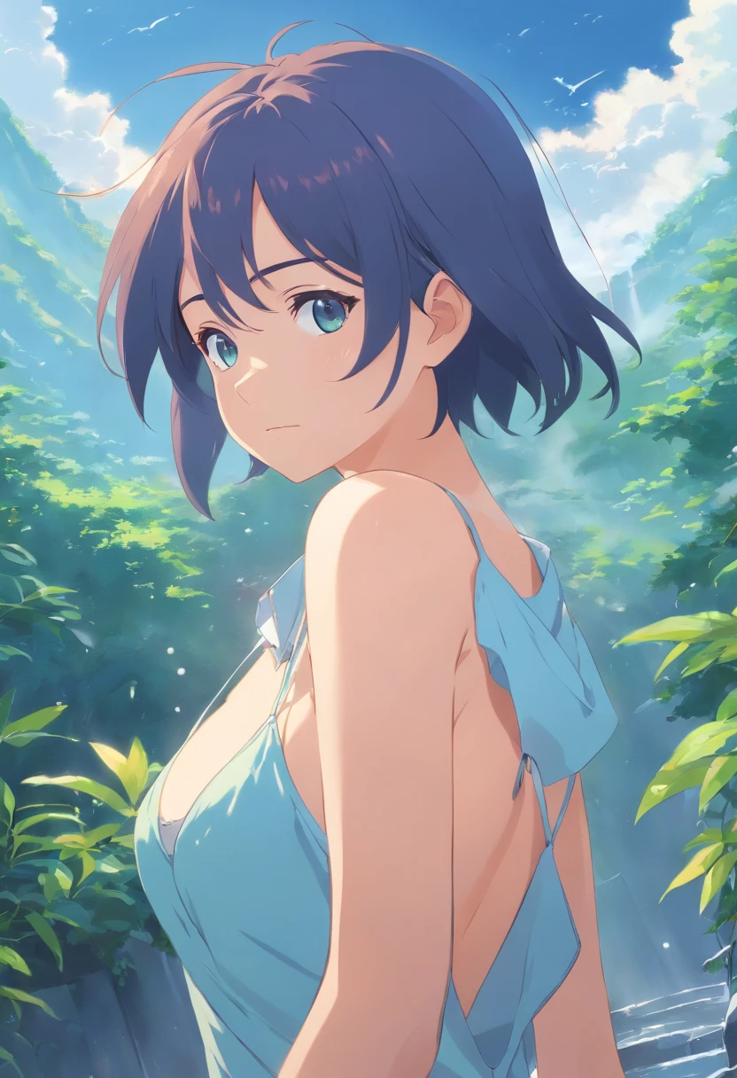 ((Highest quality)), ((masterpiece)), (detailed),(pastel colour), (Japanese), , Black Hair,(Childish face), (Bob Hair), Girl, big Breasts, (naked),topless, ((Blue eyes)),half-smile ,Sunlight, profile , ((close_up)) , arched back, riverbank, flower garden,Nipples,