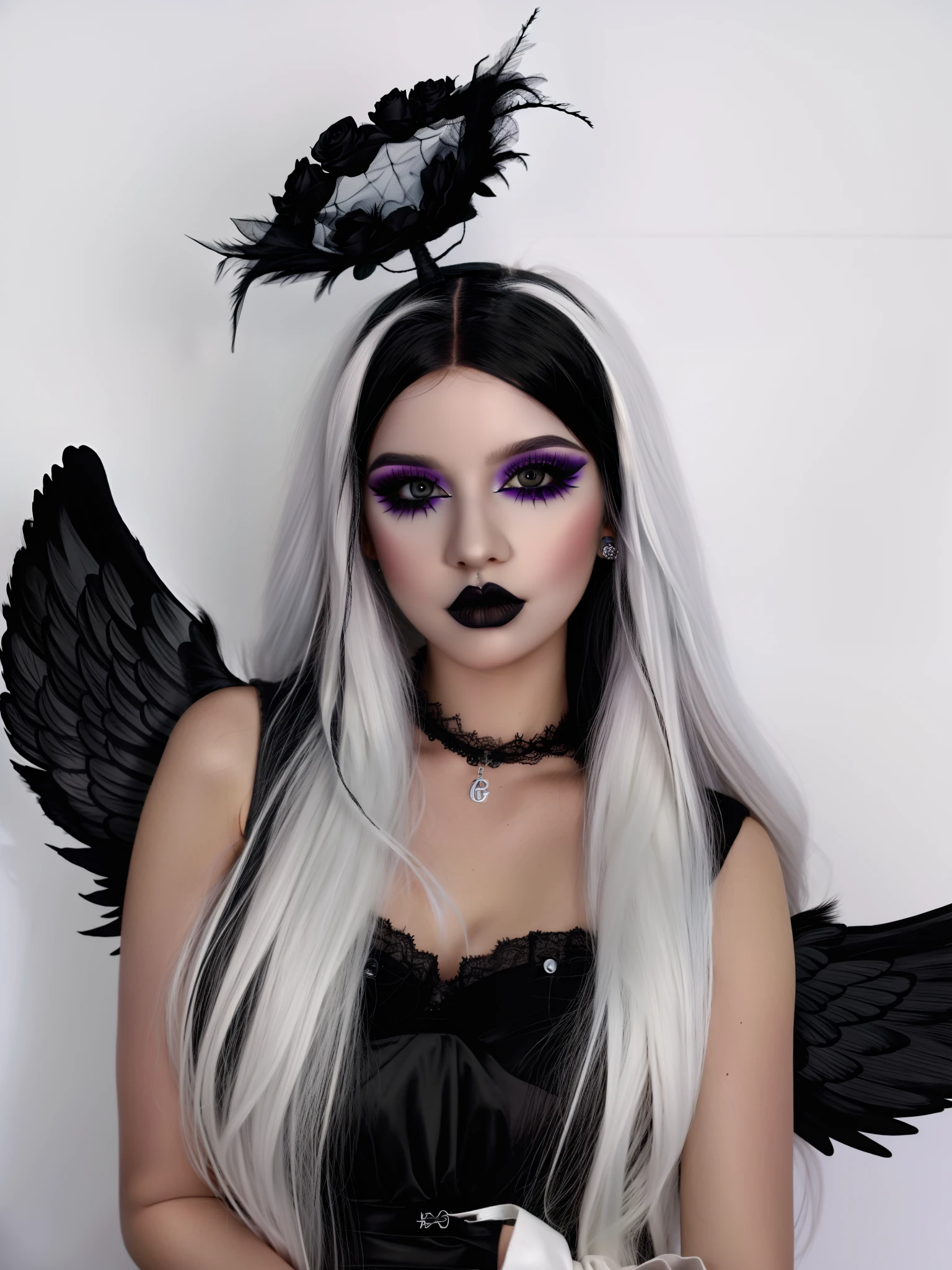 HighestQuali，tmasterpiece：1.2，Detailed details，1 Gothic girl，black eyeshadows，an angel dressed in black on a white background, in the style of cluj school, flowerpunk, halloween, social media portraiture, high quality photo, quito school, honeycor，white hair