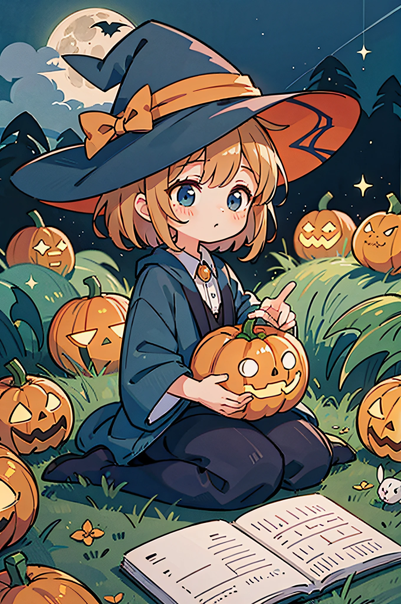 Halloween poster,Fairy tale book illustration style,A cute little witch sits in a flock of rabbits,Admire the moon in the quiet of the night,Holding a large pumpkin in his hand,Kawai's art style, Storybook illustration, Colorful story, shilin huang, Close-up, Playful animations, starrysky, illustration, ultrasharp, Highly detailed --ar 9:16,A little bit of starlight flew around,