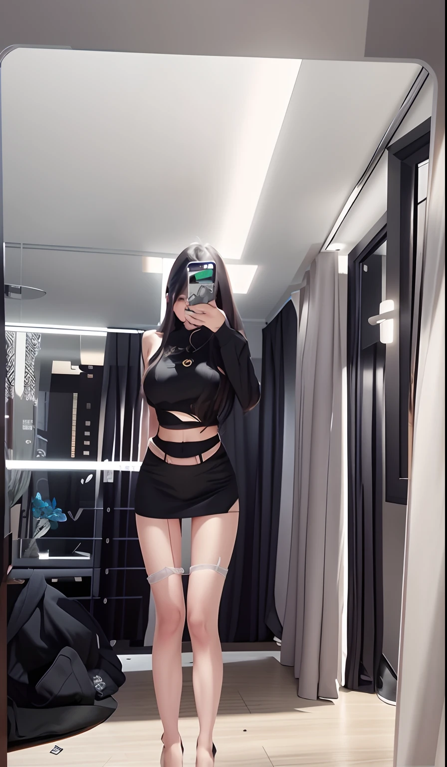 there is a woman taking a picture of herself in the mirror, very sexy outfit, Sexy outfit, Sexy look, Outfit: puff, outfit photograph, cruel korean goth girl, low quality video, full-body xianxia, her wardrobe is attractive, intriguing outfit, thighhighs and skirt, Cyberpunk costumes, tight costume, low quality footage, wearing techwear and armor