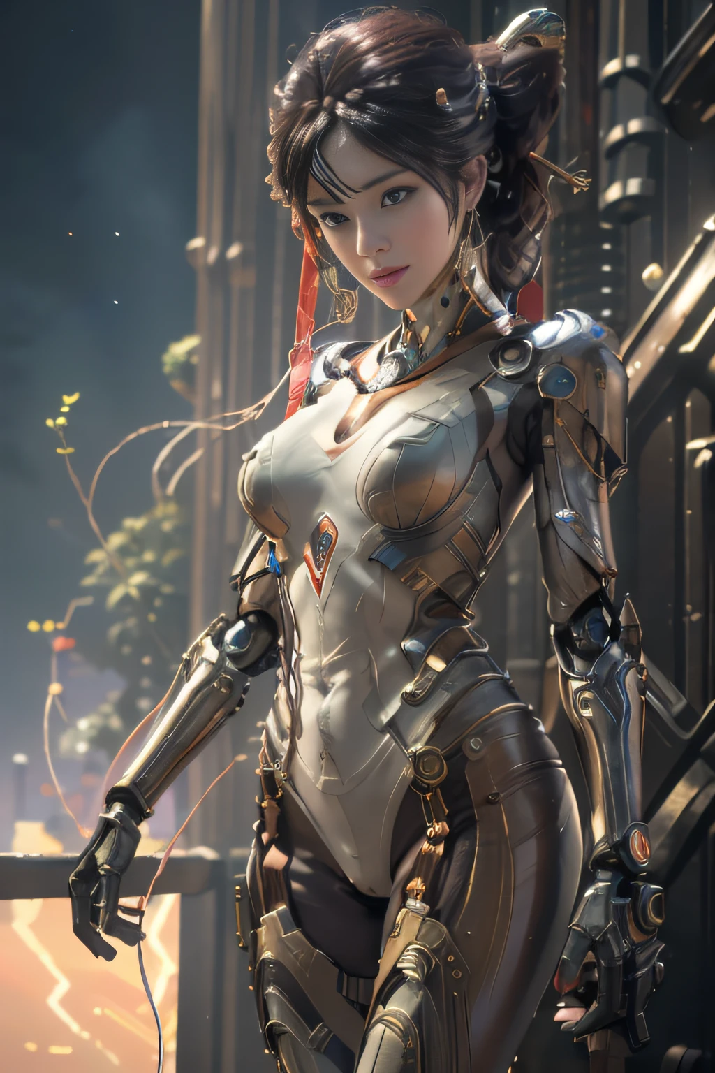 (((Masterpiece))), (((Best quality))), ((Ultra-detailed)), (Highly detailed CG illustration), ((An extremely delicate and beautiful)),Cinematic light,((1 mechanical girl)),Solo,(machine made joints:1.2),((Mechanical limb)), ((mechanical cervial attaching to neck)),(wires and cables attaching to neck:1.2),(wires and cables on head:1.2)(Character focus),Science fiction, extreme detailed details,highest details, Realistic, dunhuang, flowy, Colorful, (Long mechanical legs), full bodyesbian, Pink mech