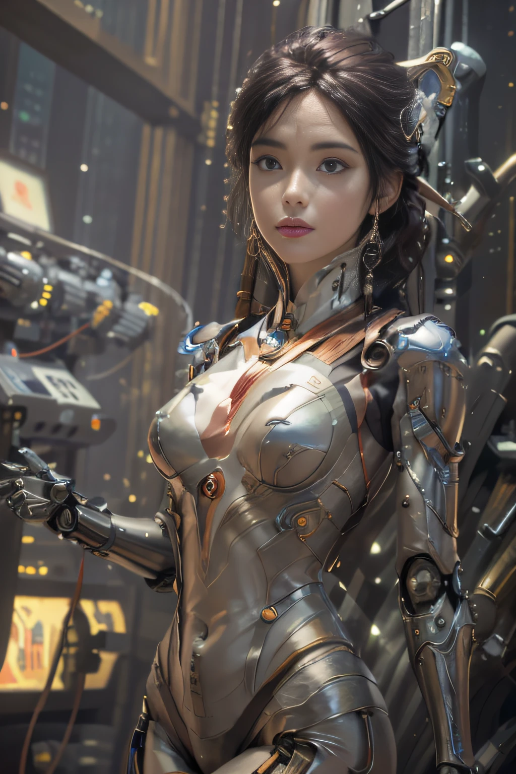 (((Masterpiece))), (((Best quality))), ((Ultra-detailed)), (Highly detailed CG illustration), ((An extremely delicate and beautiful)),Cinematic light,((1 mechanical girl)),Solo,(machine made joints:1.2),((Mechanical limb)), ((mechanical cervial attaching to neck)),(wires and cables attaching to neck:1.2),(wires and cables on head:1.2)(Character focus),Science fiction, extreme detailed details,highest details, Realistic, dunhuang, flowy, Colorful, (Long mechanical legs), full bodyesbian, Pink mech