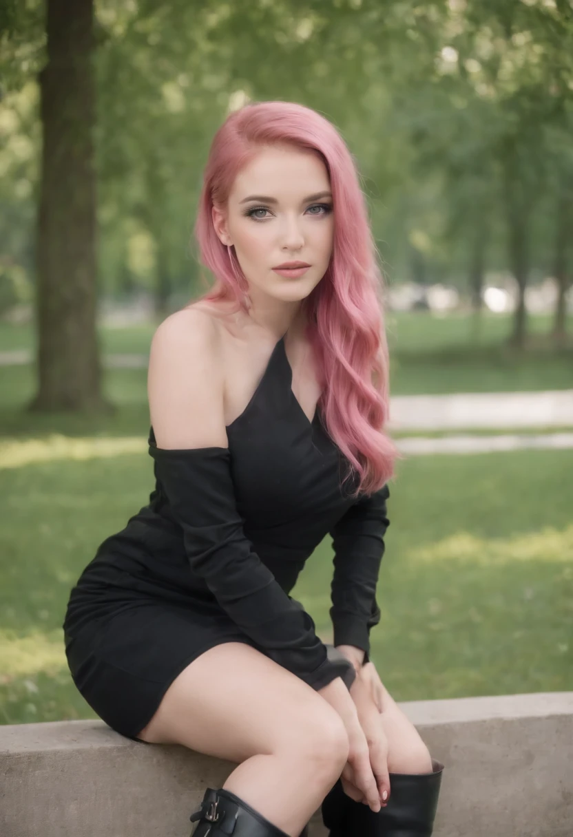 young pink hair girl in black dress sitting pretty in a park wearing high heel boots