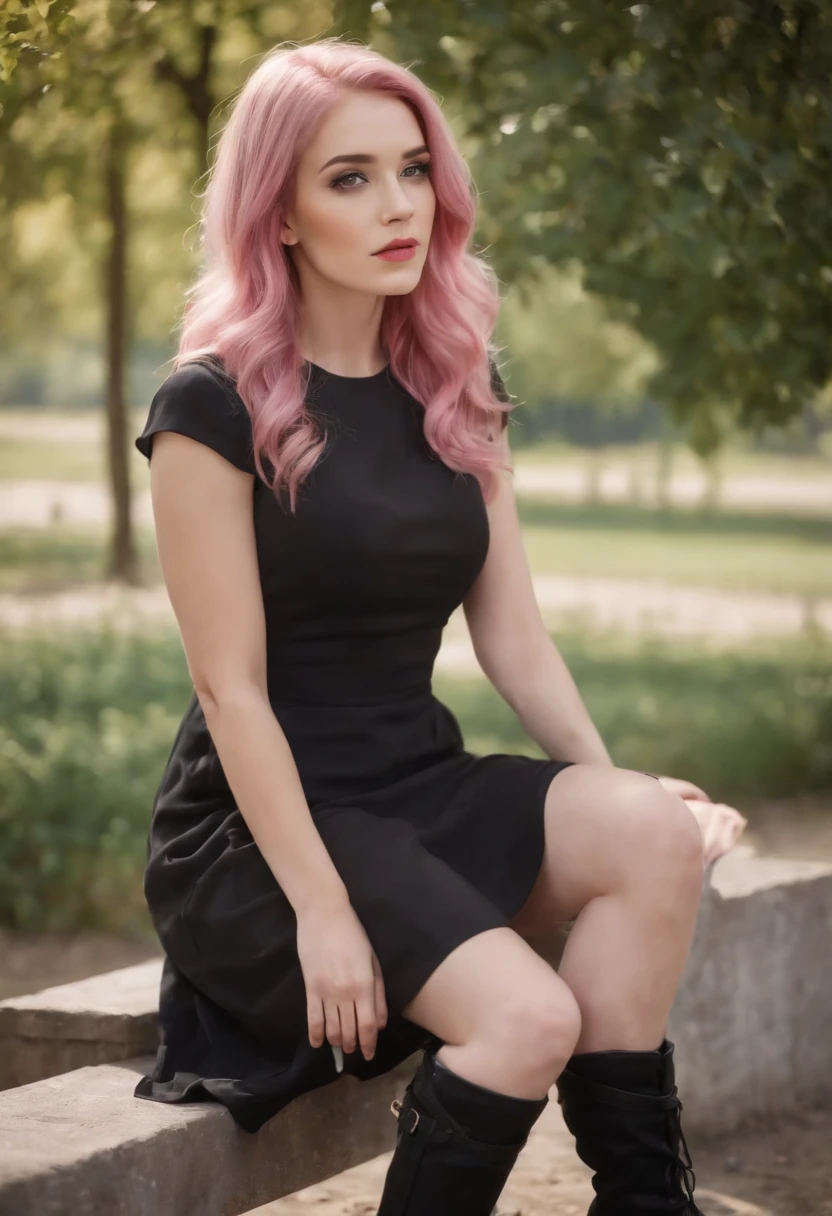 young pink hair girl in black dress sitting pretty in a park wearing high heel boots