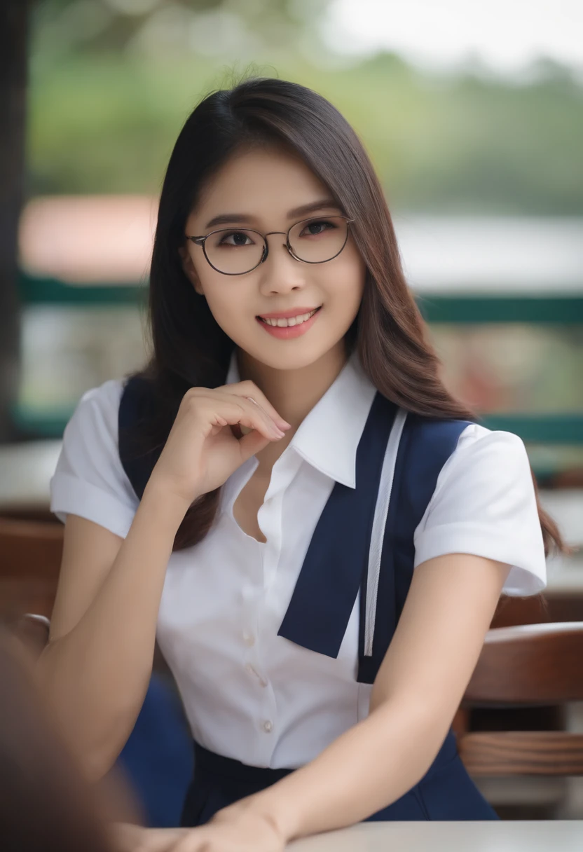 Beautiful Thai Girl In school uniform, short bulge. Put on your glasses, sit in a chair.