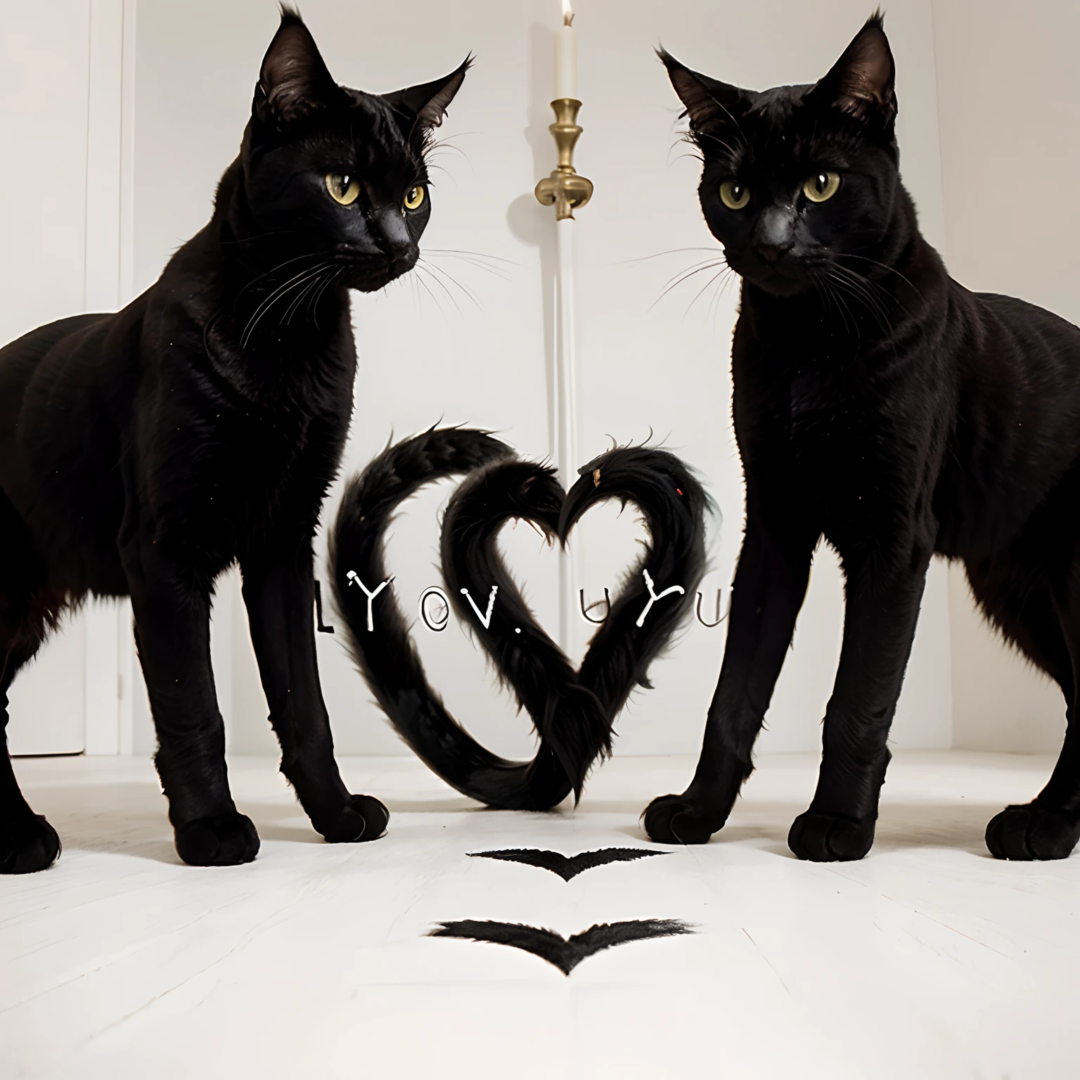 Black cats in a white room spelling out “Marianita I love you more”