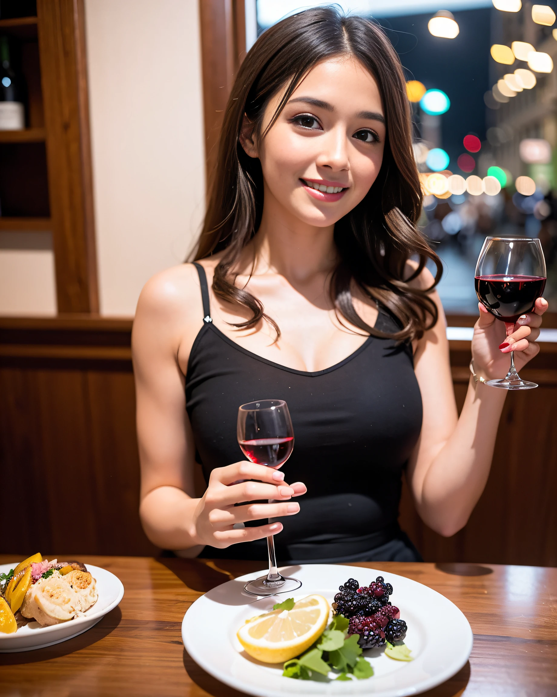 (64K, UHD, top quality, masterpiece: 1.2), (realistic, photorealistic: 1.37), super detailed, pretty woman 1 person, (slim face), (slim body), (brown hair), (short cut), cheeks slightly blushing, (44 years old), 38 years old, solo, beautiful detailed urban night view outside the window, restaurant, wine glasses sit, at night, in a prominent placeNovaFrogStyle, Actress, Model, Waist Up, White Wine, Slim, Wine Glass, Super Clean Night View, Wine Glass Put in the Middle, Happy Smile, (Smile: 1.15), Beautiful Fine Eyes, Upper Body, Bust Japan Up, Night, Short, Short, Actress, Model, Waist Up, White Wine, Slim, Wine Glass, Super Clean Night View, Wine Glass Put in the Middle, Happy Smile,