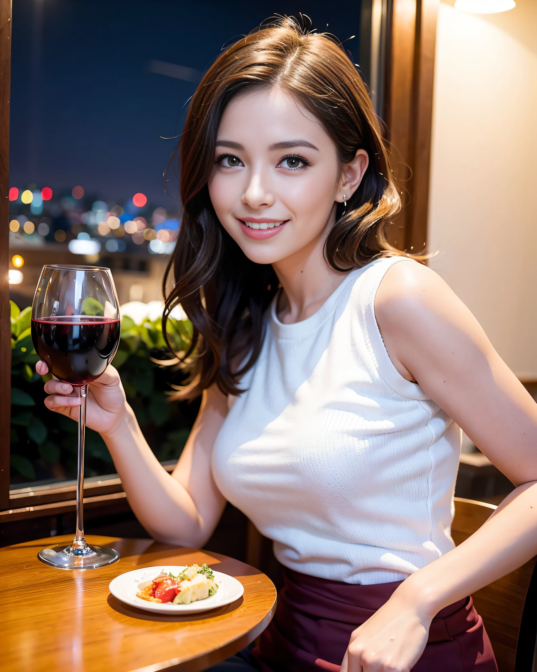(64k uhd, nffsw, of the highest quality, masutepiece: 1.2), (Realistic, Photorealistic: 1.37), super detailed, Pretty Woman 1, (Slim Face), (Slim body), (Brown hair), (short-cut), cheeks blush a little, (40 years old), 38 years, Solo, A beautiful and detailed night view spreads out outside the window..., restaurant, Sitting in a wine glass, At night, In a prominent place (from waist up) NovaFrogStyle, actress, Model, waist-up, white wine, slim, wine glasses, Super clean night view, Wine glass placed in the middle, Happy smile, (Smile: 1.15), Beautiful fine eyes, Upper body, Bust Japan Up, Night, Short, Short, actress, Model, waist-up, white wine, slim, wine glasses, Super clean night view, Wine glass placed in the middle, Happy smile,