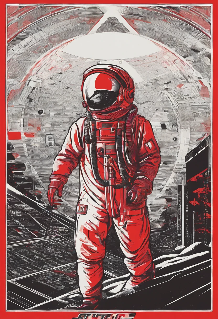 A scientist in a scientific coat turned his back to us,looking at the stars,hard core,Technologie,Red monochrome,USSR Poster,urss,communism