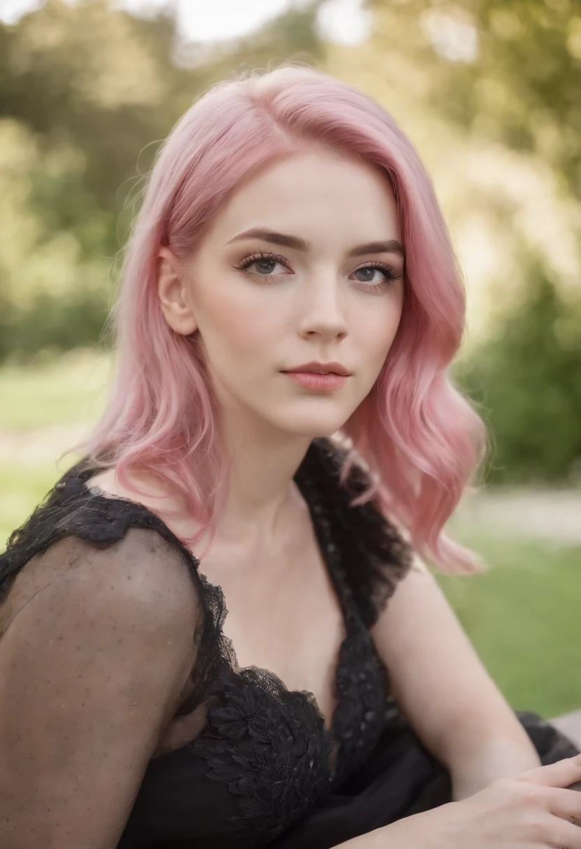 young pink hair girl in black dress sitting pretty in a park, close-up, pretty face, vivid eyes