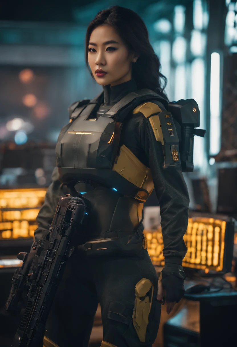 a beautiful Asian model standing next to a gaming personal computer sci-fi army soldiers, cyberpunk, full body, 8k, cinematic, camouflaged color