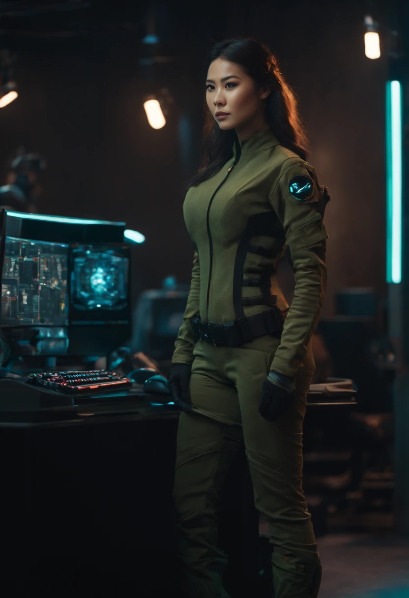 a beautiful Asian model standing next to a gaming personal computer sci-fi army soldiers, cyberpunk, full body, 8k, cinematic, camouflaged color