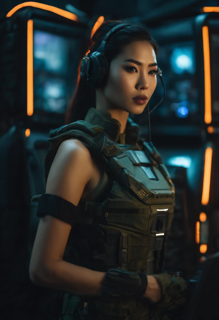 a beautiful Asian model standing next to a gaming personal computer sci-fi army soldiers, cyberpunk, full body, 8k, cinematic, camouflaged color