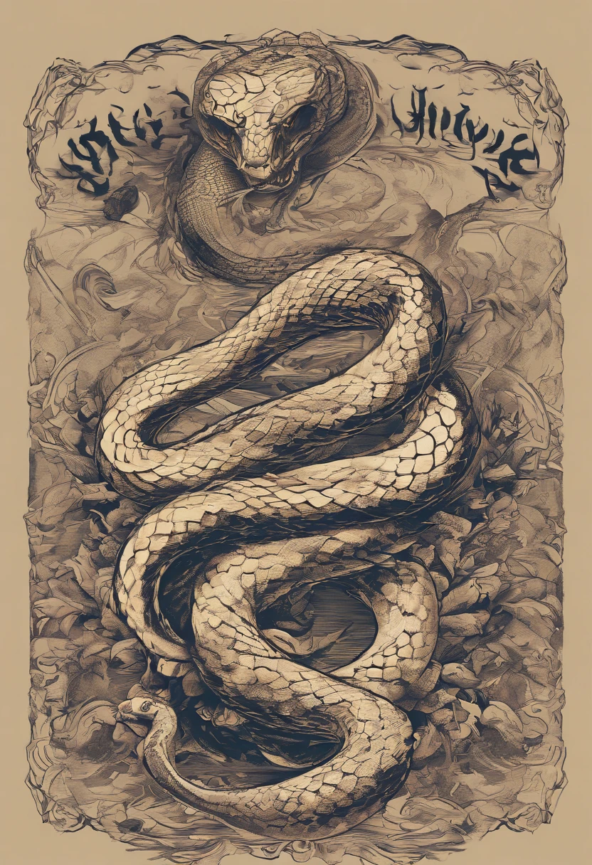 T-shirt design, 原神Generate logo design ideas for a streetwear vintage shop with a snake theme. The logo should effectively incorporate a snake as a central element, symbolizing mystery, edginess, and style without including human figures.