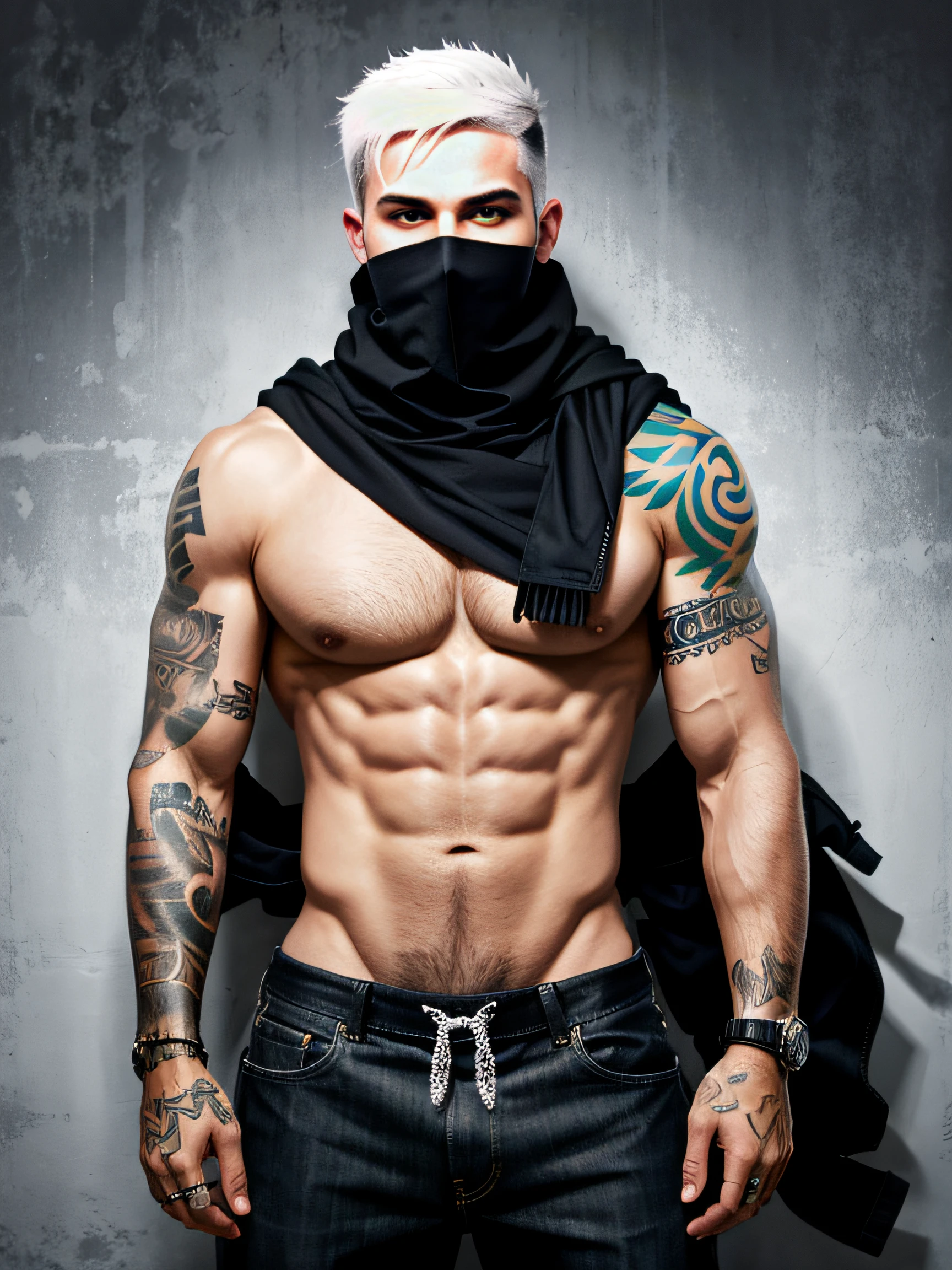 solid color backdrop,One person wears a ski mask(Without a hat),Handsome,rogue,Sense of oppression,Full body photo,Don't take a headshot,Punk head,Hair color is white,Upper body nudity,Tattooed with,Muscular,rule 34