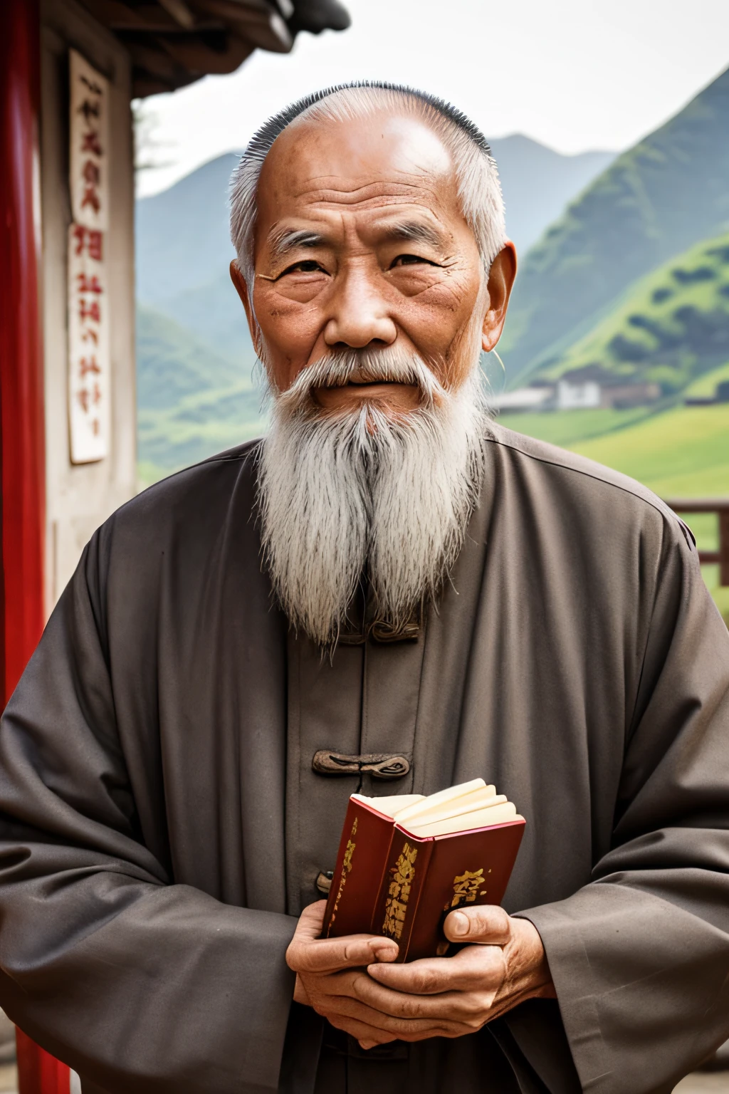An old man with traditional Chinese thinking,Real frontal photos,Authentic background,The background is nature,holding books,worn-out clothing,Face full of wrinkles,80 years old Chinese medicine practitioner,Wise eyes,The beard is white,male people,country style,Leave the top of your head empty