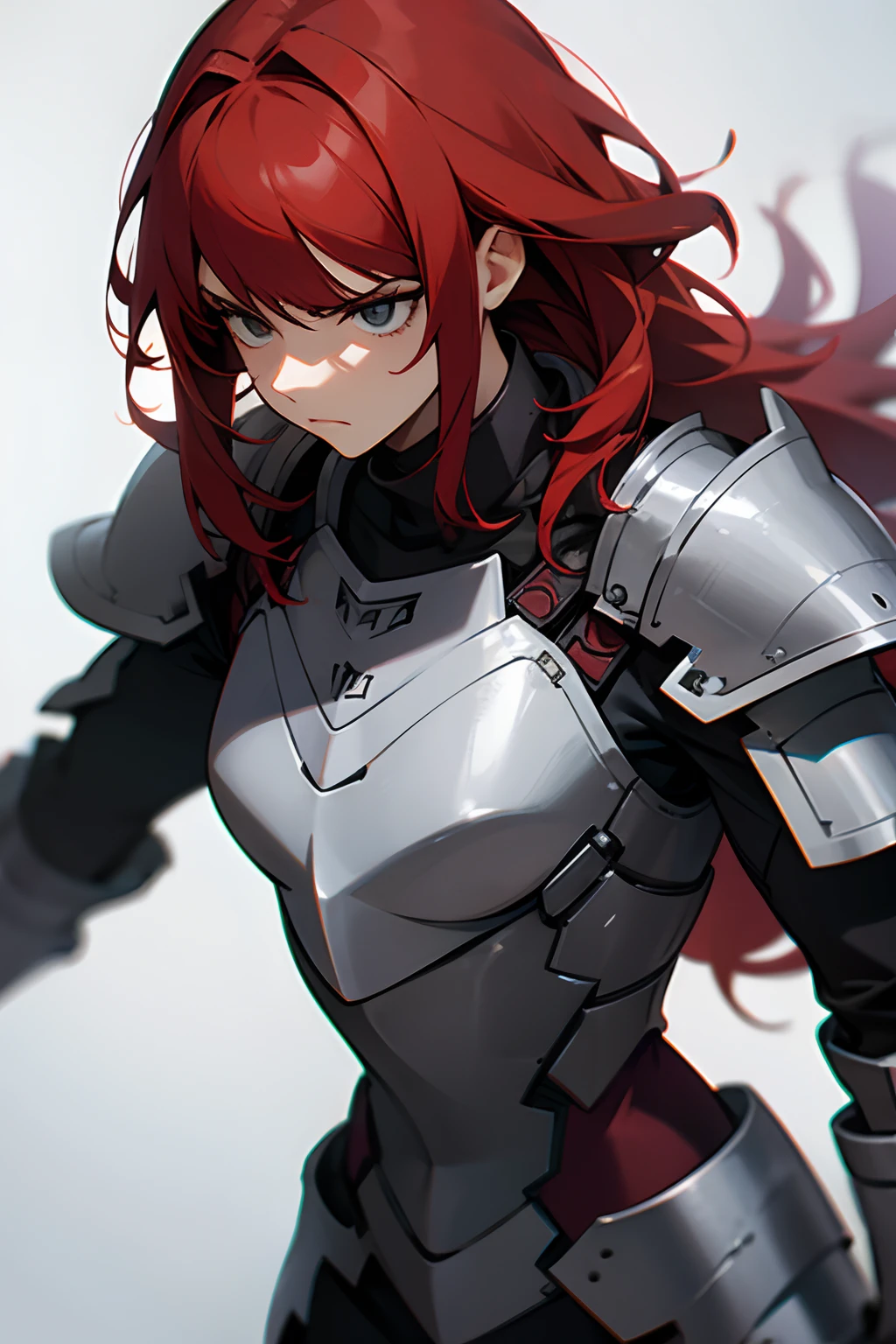 a woman, serious face, red hair, gray armor