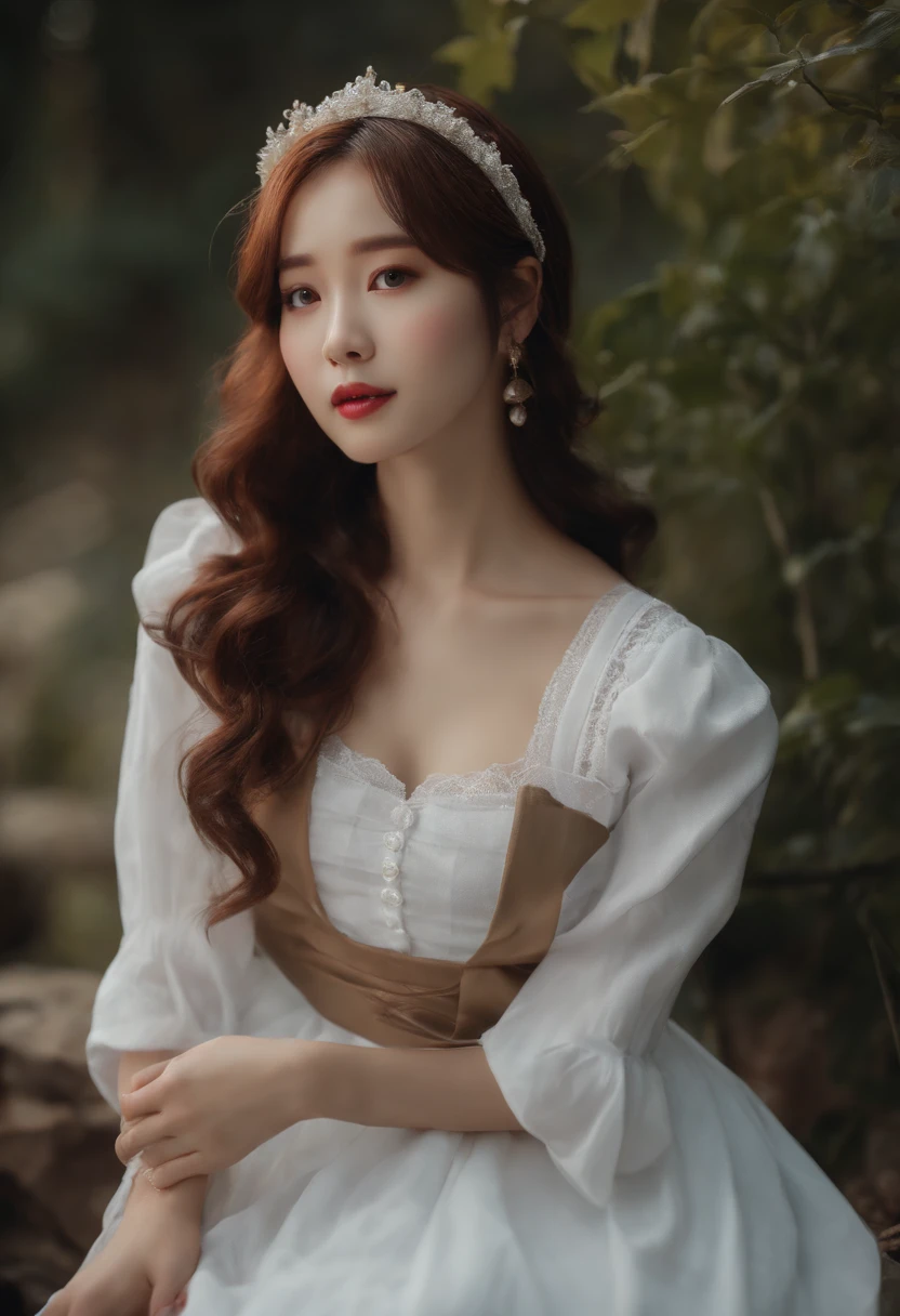 masutepiece, (Photorealistic:1.4), Best Quality, Beautiful lighting,(ulzzang-6500:0.4), anna, full_Buddy, Solo, White Maid Clothes, Raw photo, 8K UHD, Film grain