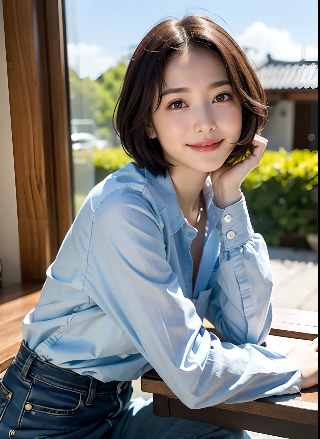(8K、top-quality、masterpiece:1.2)、(realisitic、Photorealsitic:1.37)、ultra-detailliert、女の子 1 人、cute little、Soio、Beautiful detailed sky、Detailed Cafe、Daytime、sitting on、date、(Nasal blush)、 (A smile:1.15),(Closed)Beautiful fineness,(shirt with collar:1.1),Casual clothing、Date Costumes、(short-hair:1.2),Floating Hair NovaFrogStyle,Korean