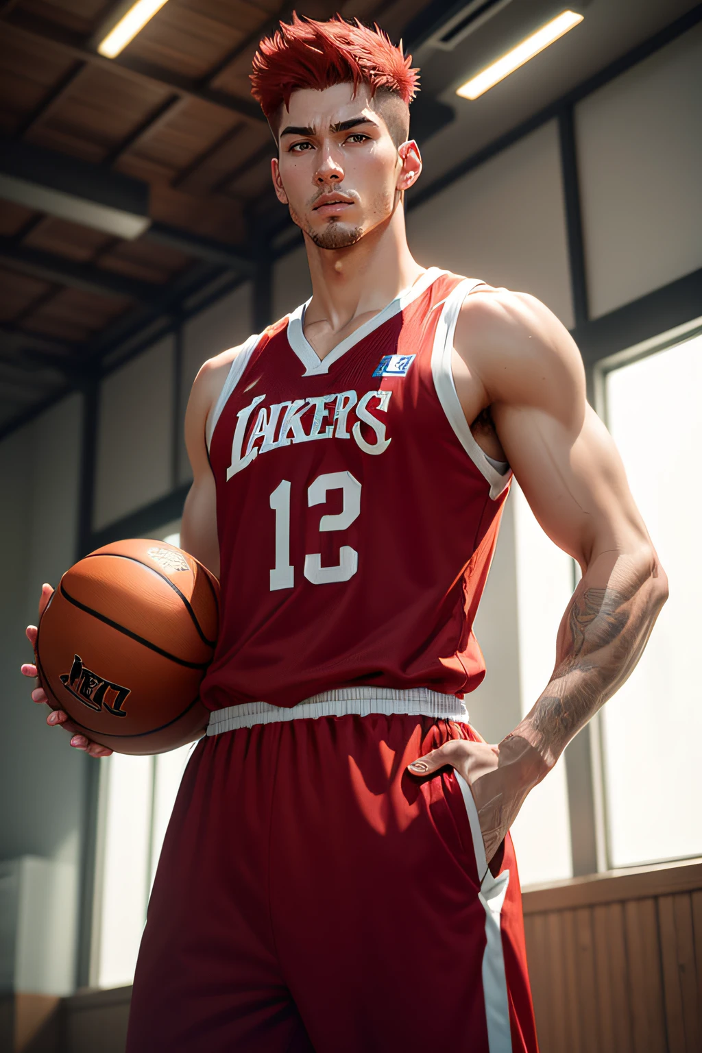Sakuragi in slamdunk anime, a tall basketball player, red hair, red uniform ''shohoku'', very handsome, standing pose, detailed face, detailed masculine body, (reality: 1.4), (A hyper-realistic), (high resolution), (8K), (highly detailed), ( Best Illustration), (detailed eyes), (ultra-detailliert), Bright lighting, Professional Lighting, The background is basketball court, with a basketball in his hand.