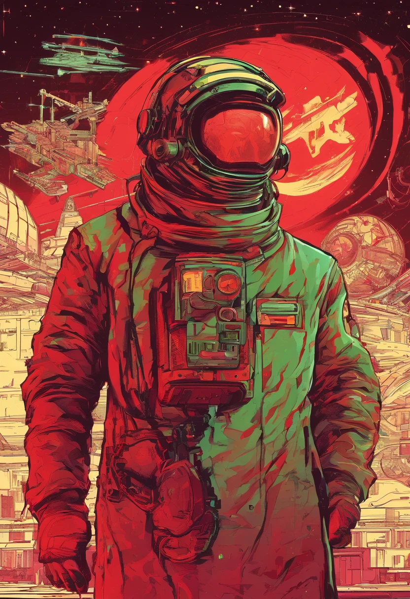 A scientist in a scientific coat turned his back to us，looking at the stars，hard core，Technologie，Red monochrome,USSR Poster,urss,communism