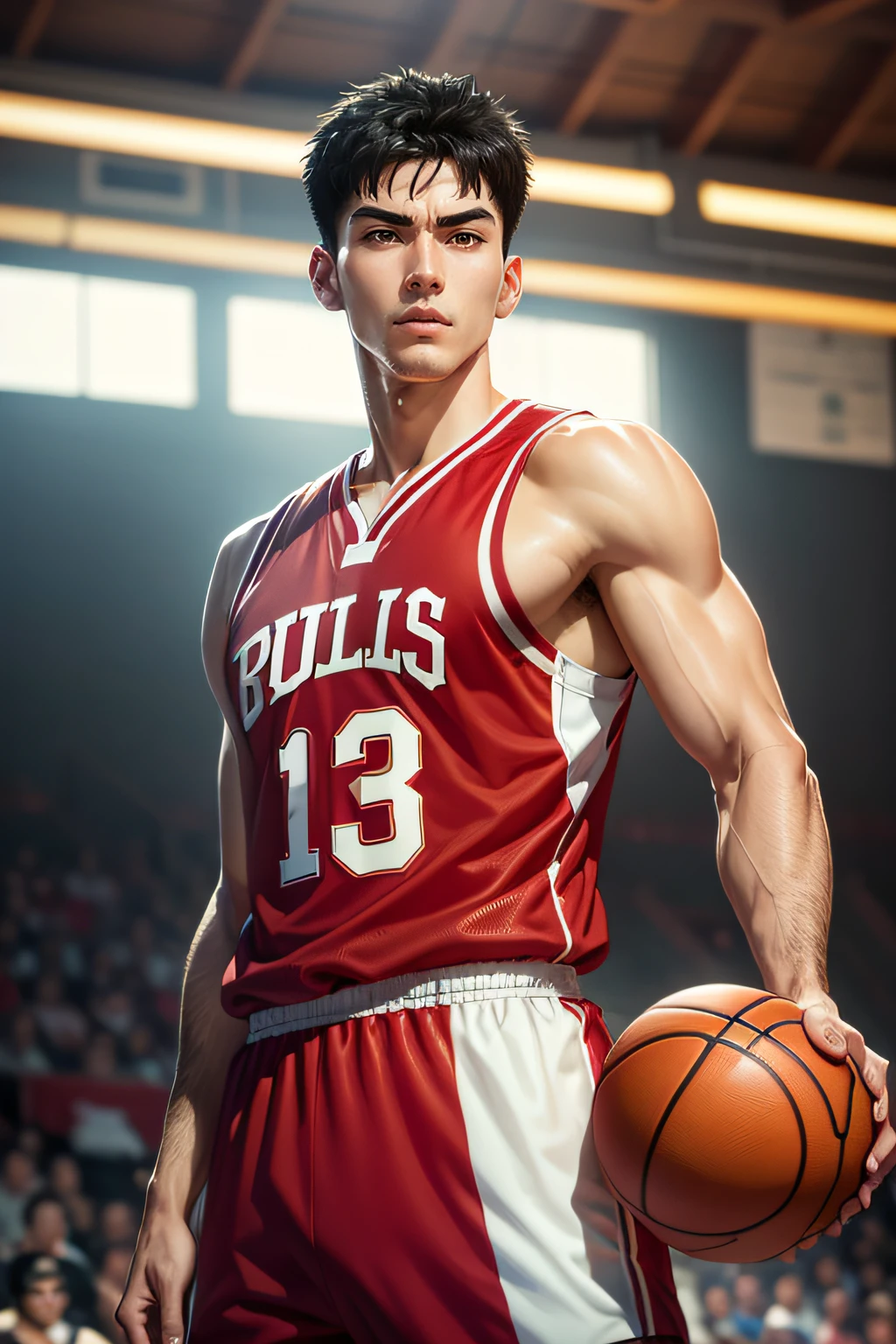 Rukawa in slamdunk anime, a tall basketball player, black hair, red uniform ''shohoku'', very handsome, standing pose, detailed face, detailed masculine body, (reality: 1.4), (A hyper-realistic), (high resolution), (8K), (highly detailed), ( Best Illustration), (detailed eyes), (ultra-detailliert), Bright lighting, Professional Lighting, The background is basketball court, with a basketball in his hand.