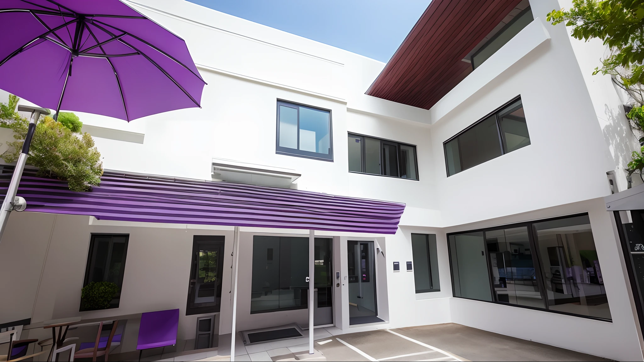 there is a purple umbrella outside of a white building, outside view, frontview, view from side, front-view, front side, exterior view, view from back, view from front, seen from outside, front view, mid-view, view from ground level, with backdrop of natural light, taken with sony alpha 9, centre image, front side view