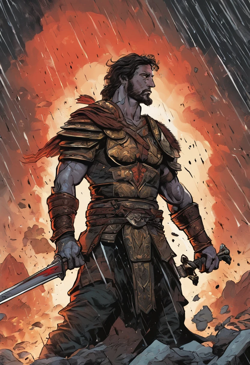 Hugarian warrior stand in the rain,lightning behind, sword in hands, hungarian flag, fight against black shadows