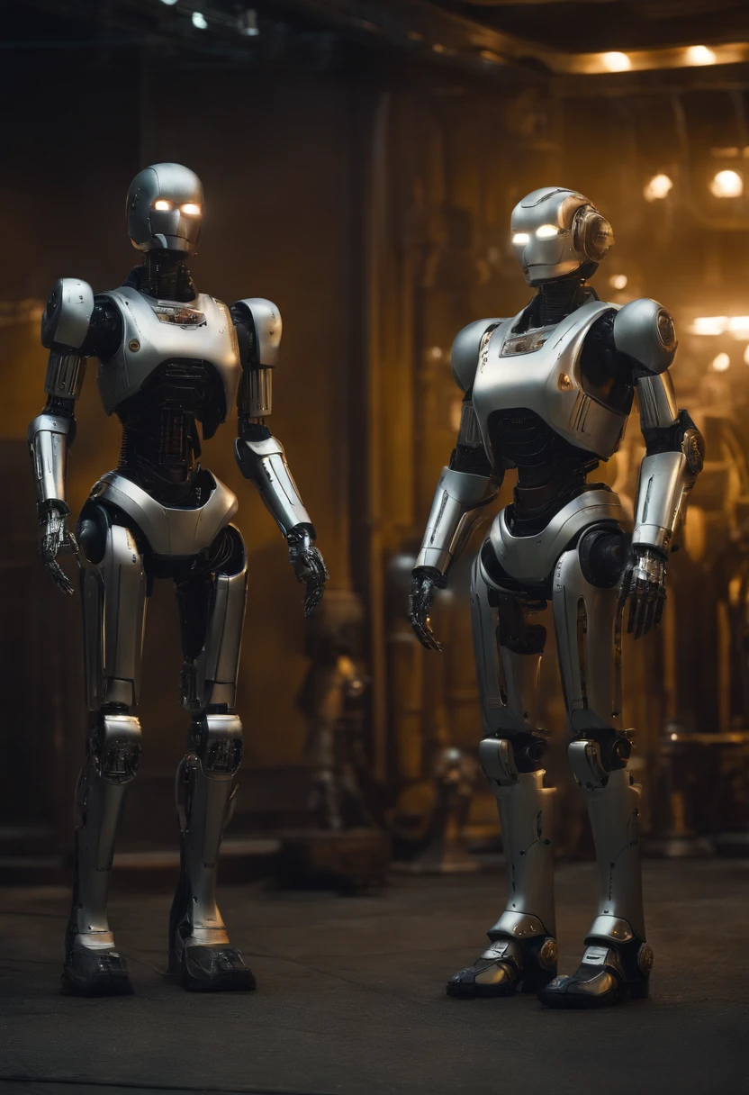 there are two robots that are standing next to each other, machines and futurist robots, Death and robots, robot cyborgs, dieselpunk cyborgs, cyber steampunk 8 k 3 d, Humanoid robots, still from alita, Aztec cyborg movie stills, futuristic robotic, from a 2 0 1 9 sci fi 8 k movie
