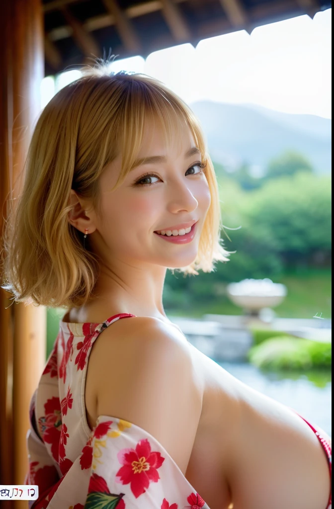 Close up photo of a girl、shorth hair、blonde  hair、Wearing a kimono、Hot spring in the background、Natural hot springs
Highest Quality、realisitic、Photorealsitic、(intricate detailes:1.2)、(delicate detail)、(ciinematic light、best quality backlight)、Clear Line、foco nítido、Lifelike face、Detailed face
Unity 8K Wallpapers、超A high resolution、(Photorealsitic:1.4)、looking at the viewers、(Huge breasts:1.5),(Big ass),(thick thight:1.3), hide,looking happy smile