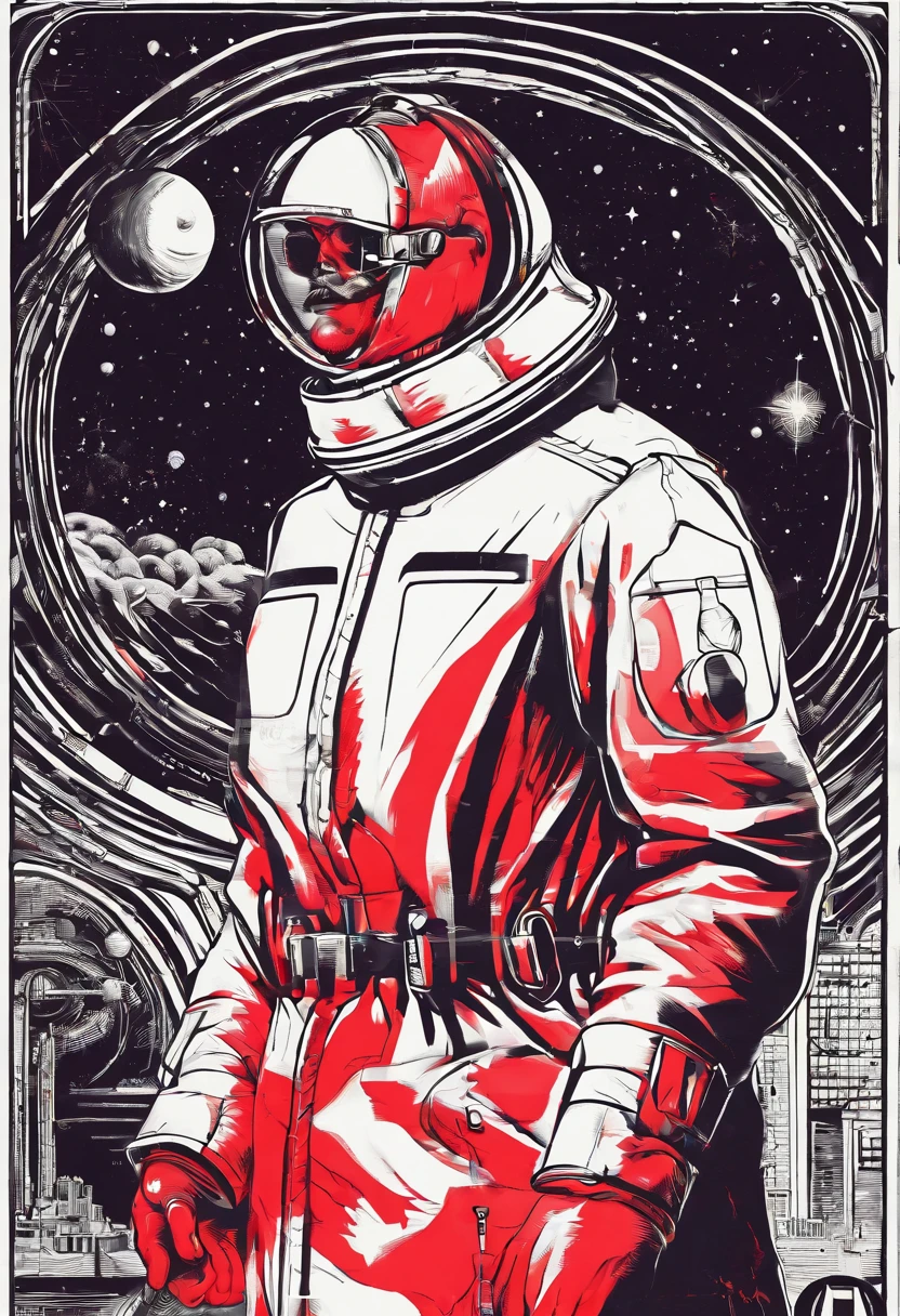 A scientist in a science coat has his back to us,looking at the stars,hard core,Technologie,Red monochrome,USSR Poster,urss,Communism
