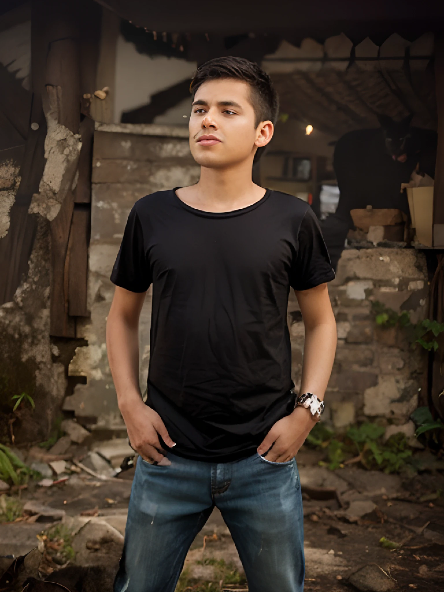 Realistic background change attitude boy add a black cat
