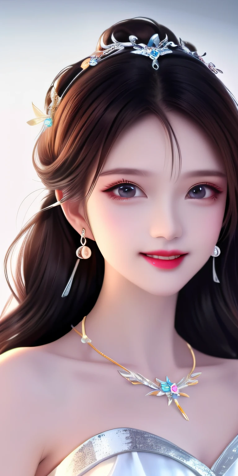 Best Quality, Masterpiece, High Resolution, 1girl, Clear Silk Porcelain Dress, Pretty Face, Hair Accessories, Look at the Audience, Smile, Close Mouth, Lips, Dress, Hair Accessories, Necklaces, Jewelry, Long Hair, Earrings, Beautiful Face, Body, Tindal Effect, Realism, Shadow Studio, Edge Lighting, Two-Color Lighting, (High Detail Skin: 1.2), 8k UHD, DSLR, Soft Light, High Quality, Volume Lighting, Photo, High Resolution 4K, 8k, Blurred Background
