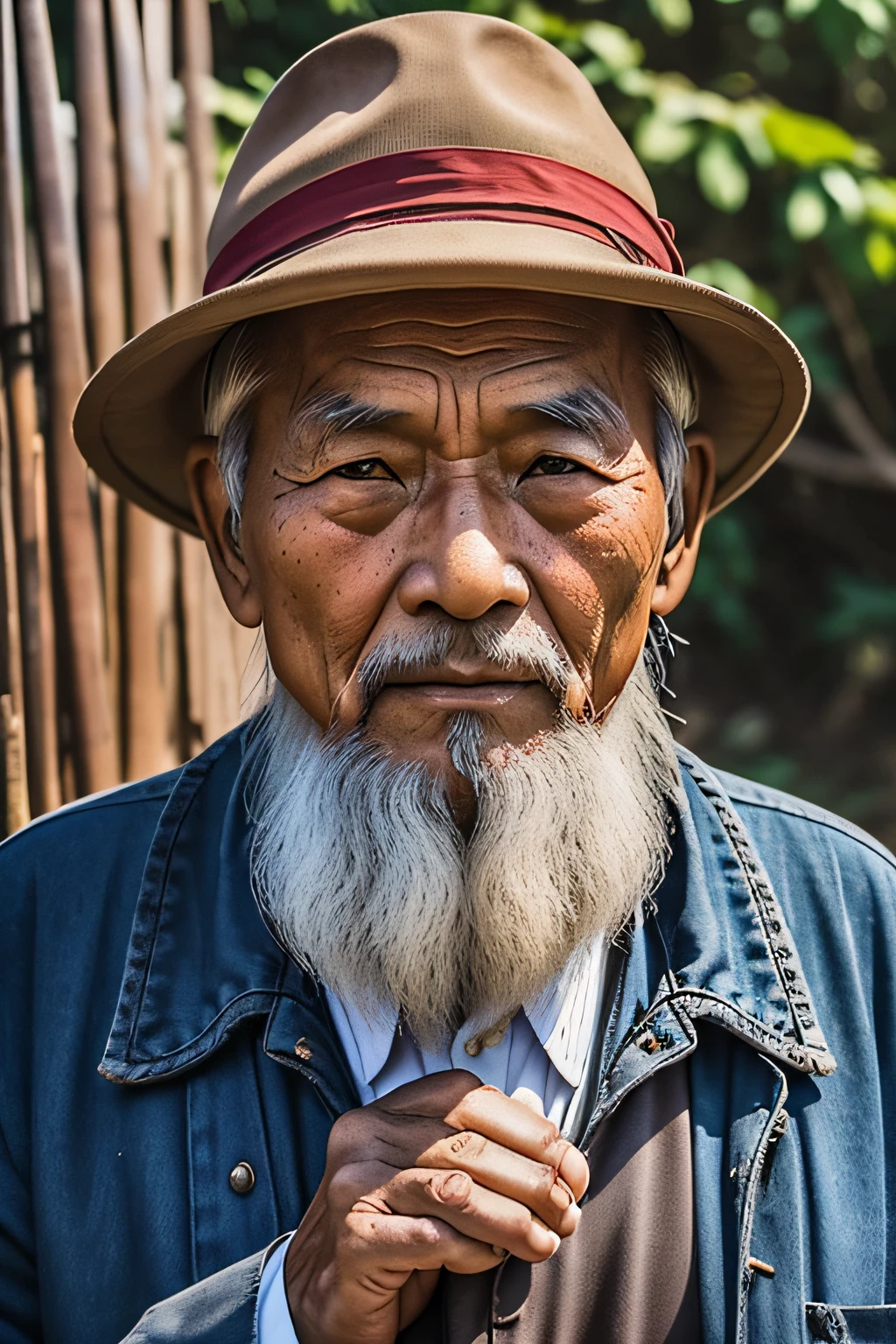 An old man with traditional Chinese thinking，Real frontal photos，Authentic background，The background is nature，holding books，worn-out clothing，Face full of wrinkles，80 years old Chinese medicine practitioner，Wise eyes，The beard is white，male people，country style，Leave the top of your head empty