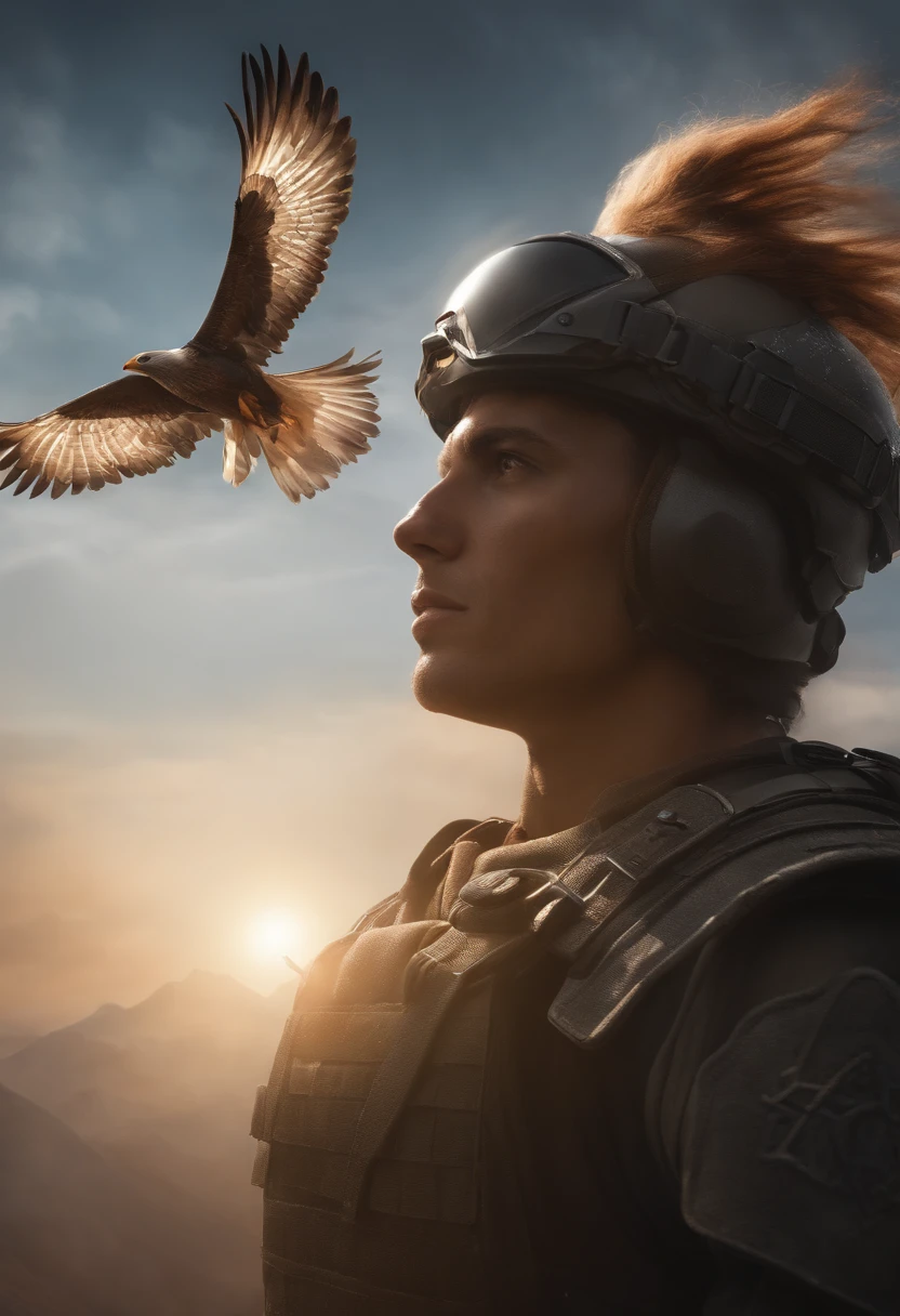 Wide-angle, whole-length, A (A beautiful Valkyrie) In his arms was a sleeping male soldier in a modern combat suit, Fly to Valhalla, After (Glorious battle, Epic), Incredible, in awe, Beautiful, Highly detailed, Carefully drawn facial features, Highest quality, Divine, The prism is similar in color, Dynamic composition, Delicate, Cinematic lighting, exalted, Striking scenes, sharp and crisp image, Ultra photo realsisim, (Petals in the air)